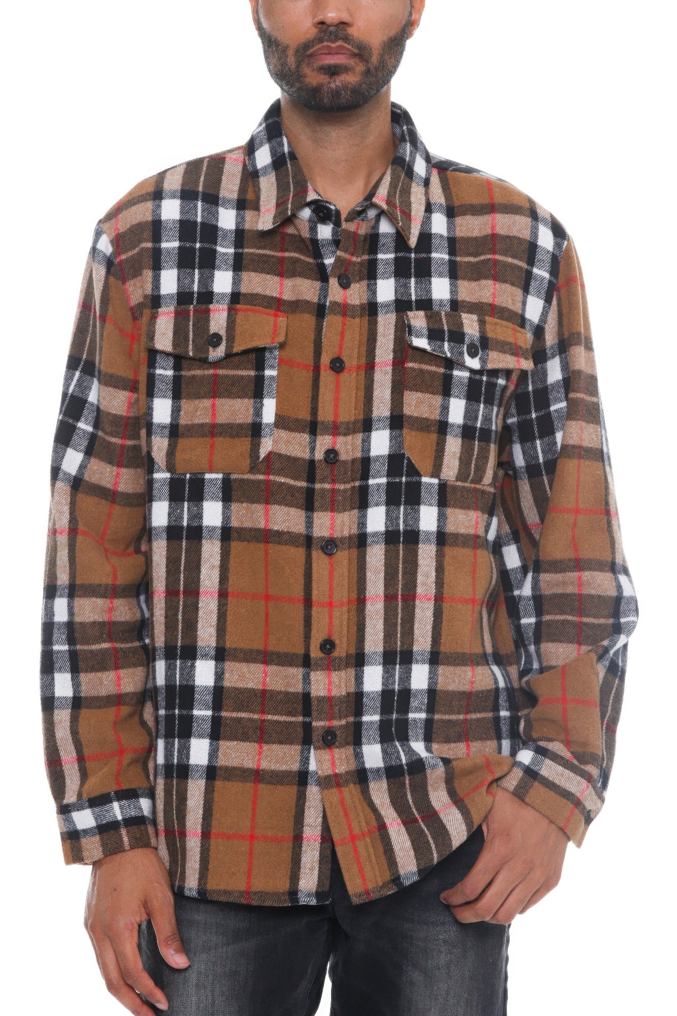 Men's checkered flannel shacket, brown plaid with red lines, button-front, chest flap pockets