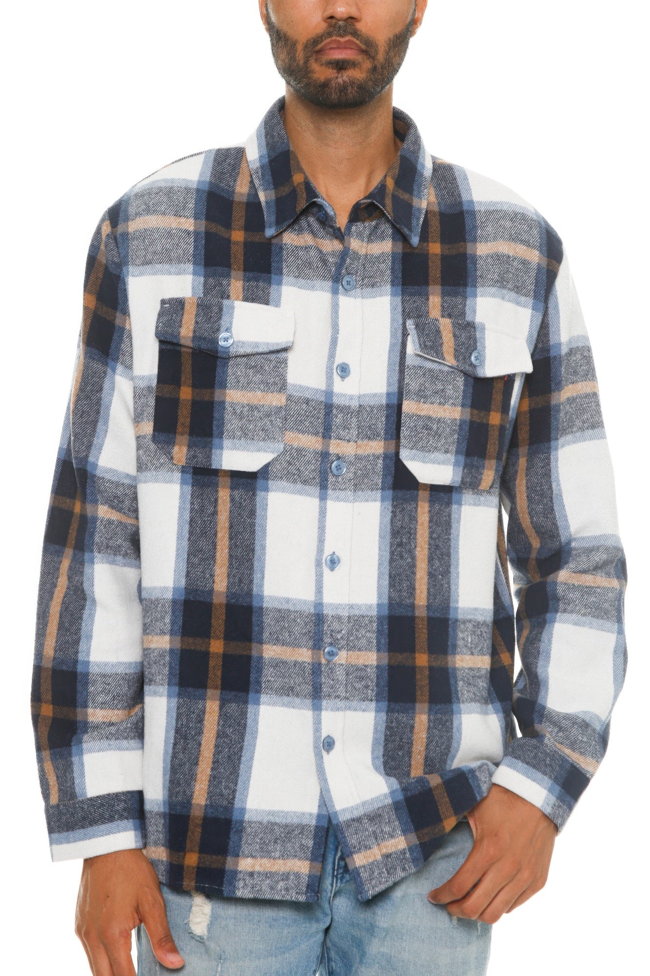 Men's checkered flannel shacket, light blue plaid with tan accents, button-front, chest flap pockets