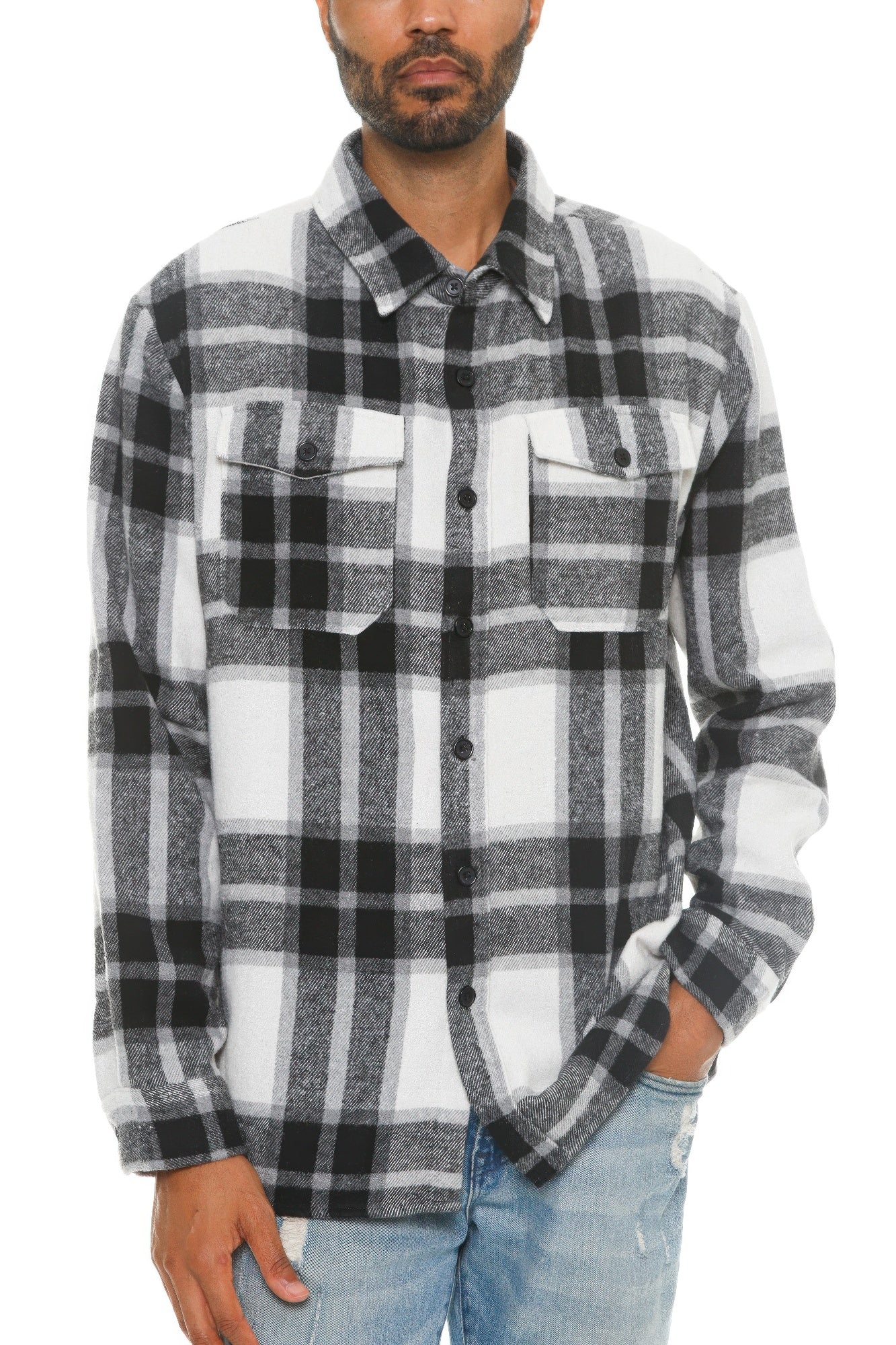 Men's checkered flannel shacket, black-and-white buffalo plaid, button-front, chest flap pockets