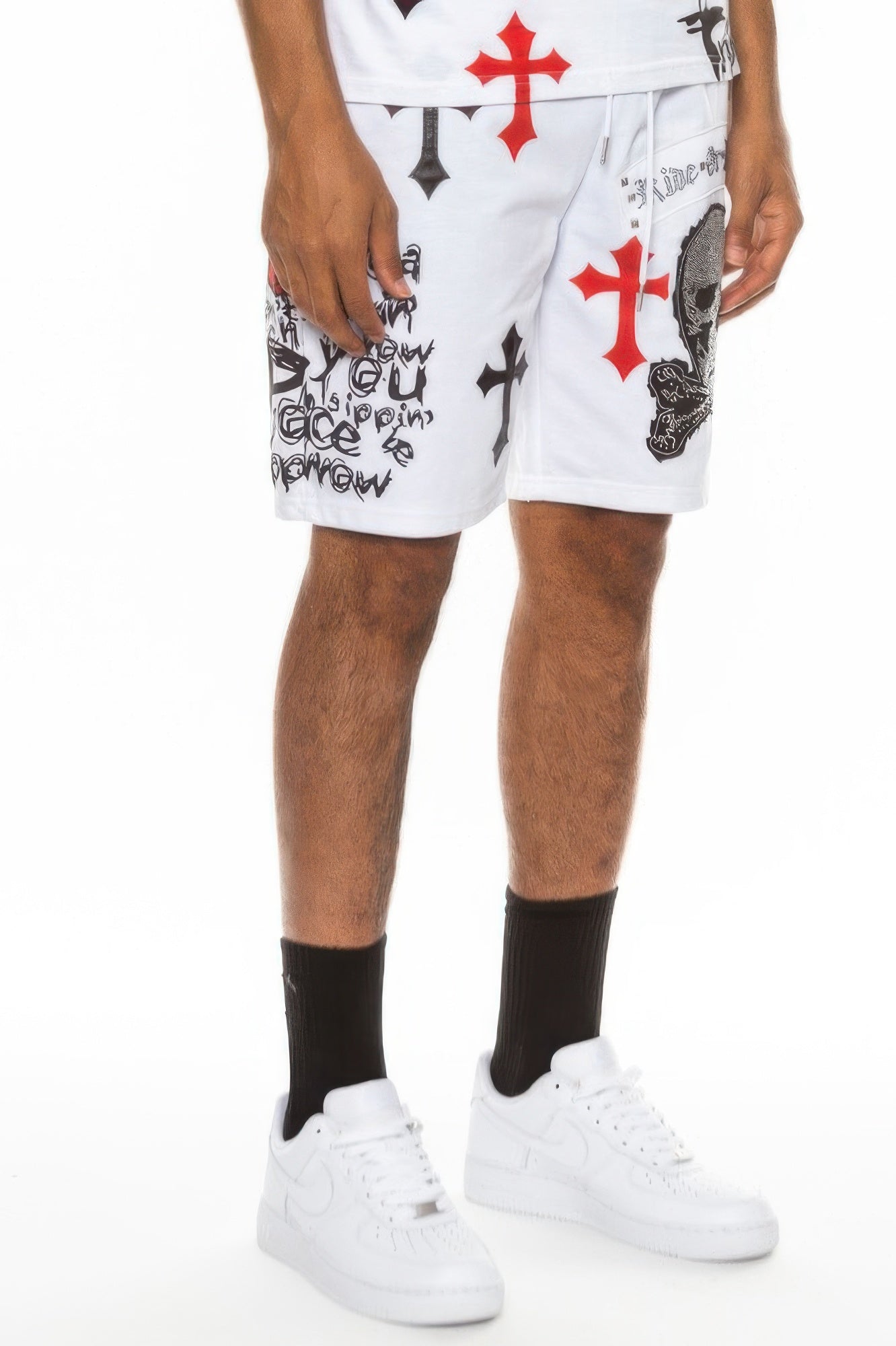 Men's Chrome Cross Skull shorts, white with red/black cross prints and skull graphic