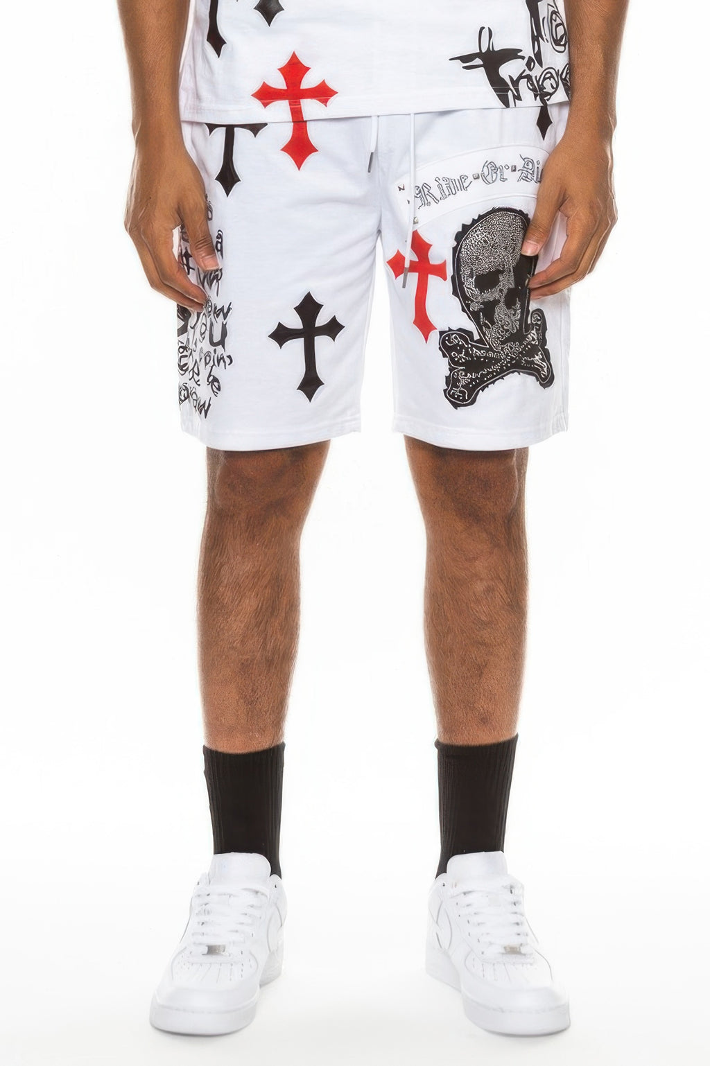 White shorts with drawstring, pocket print of red/black crosses and skull graphic