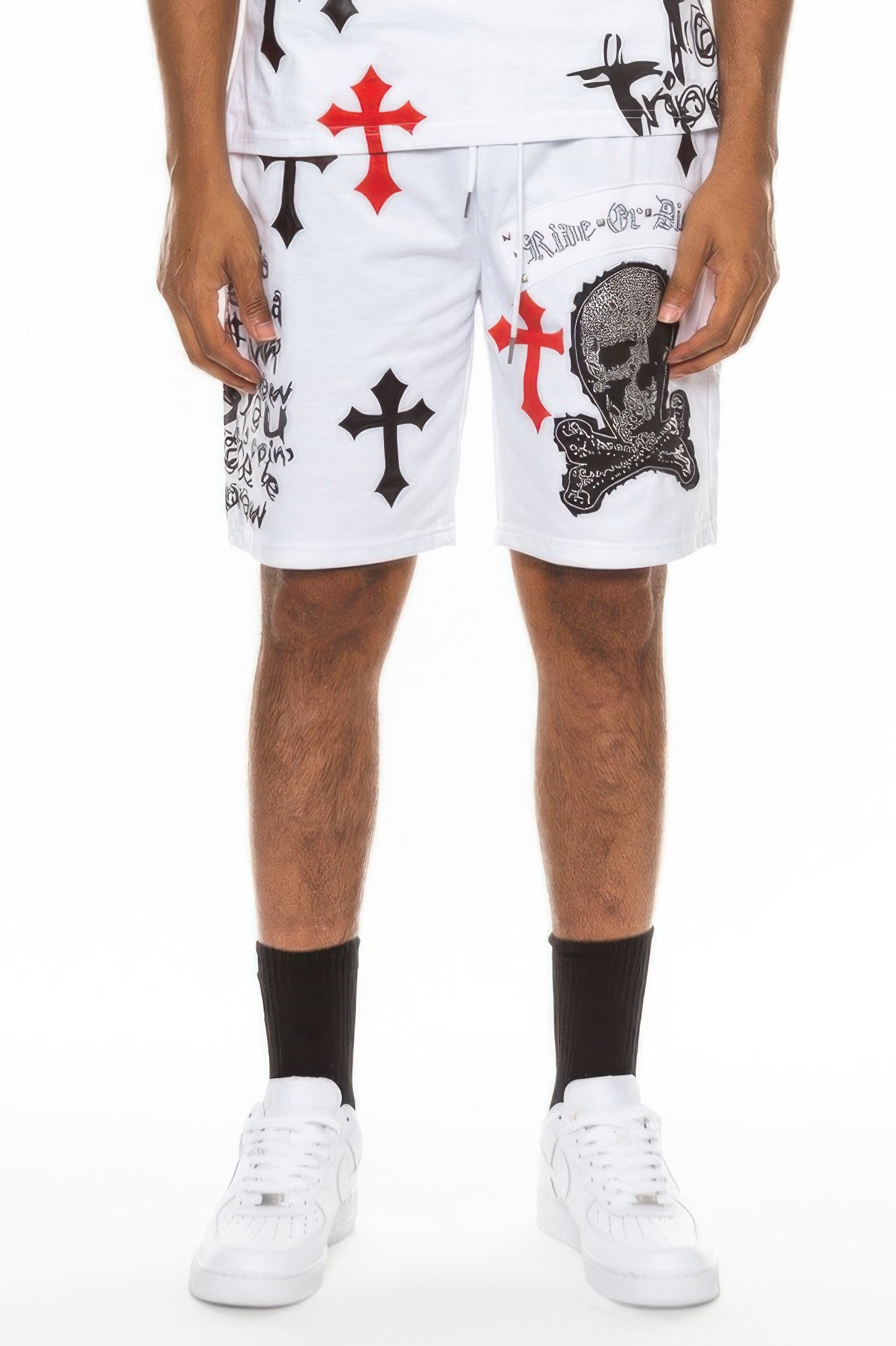 White shorts with drawstring, pocket print of red/black crosses and skull graphic