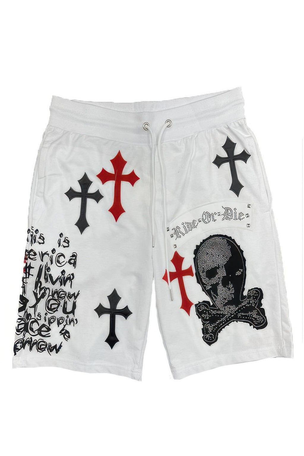 White drawstring shorts with red/black cross motifs and skull face graphic