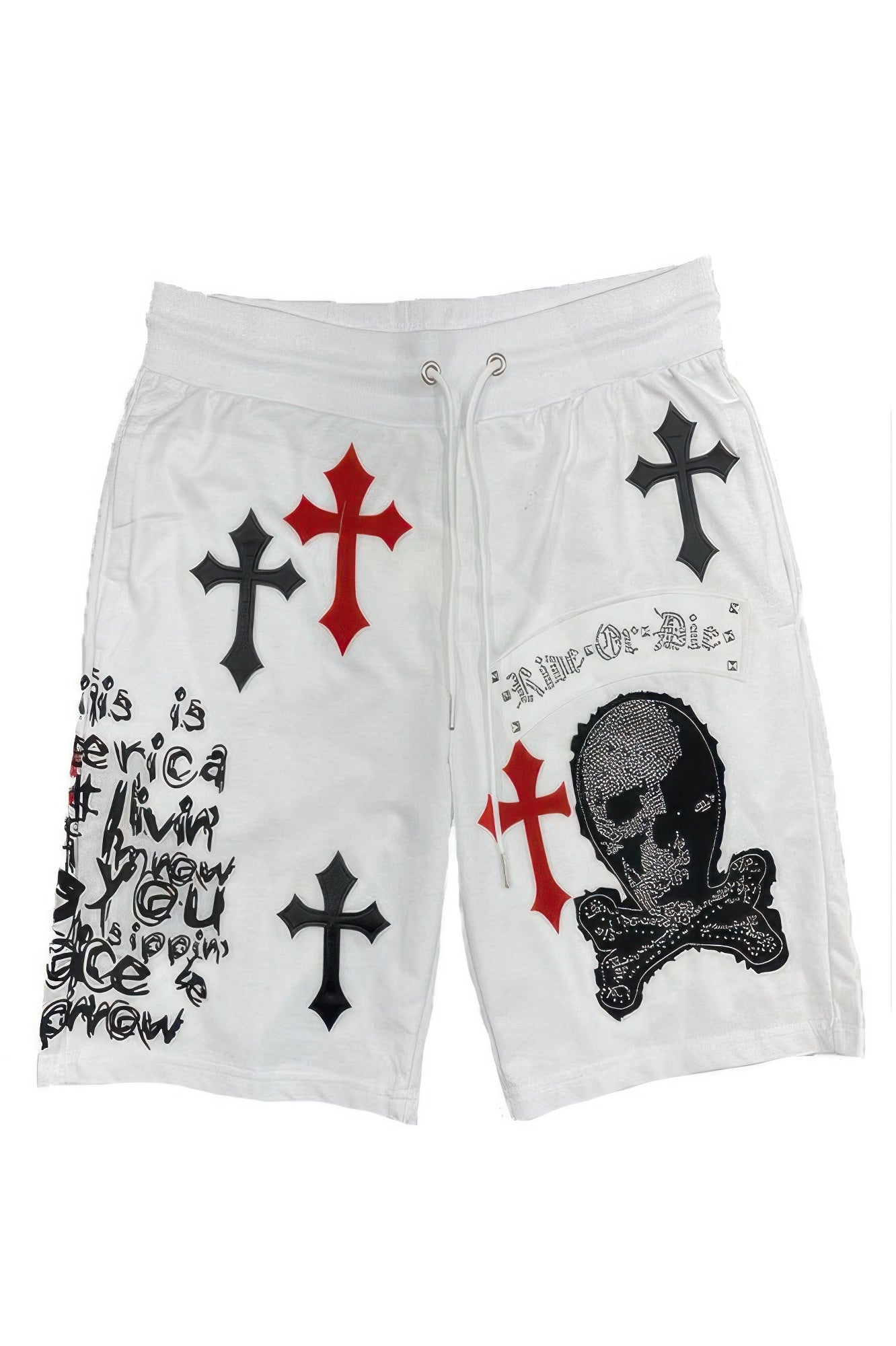 White drawstring shorts with red/black cross motifs and skull face graphic