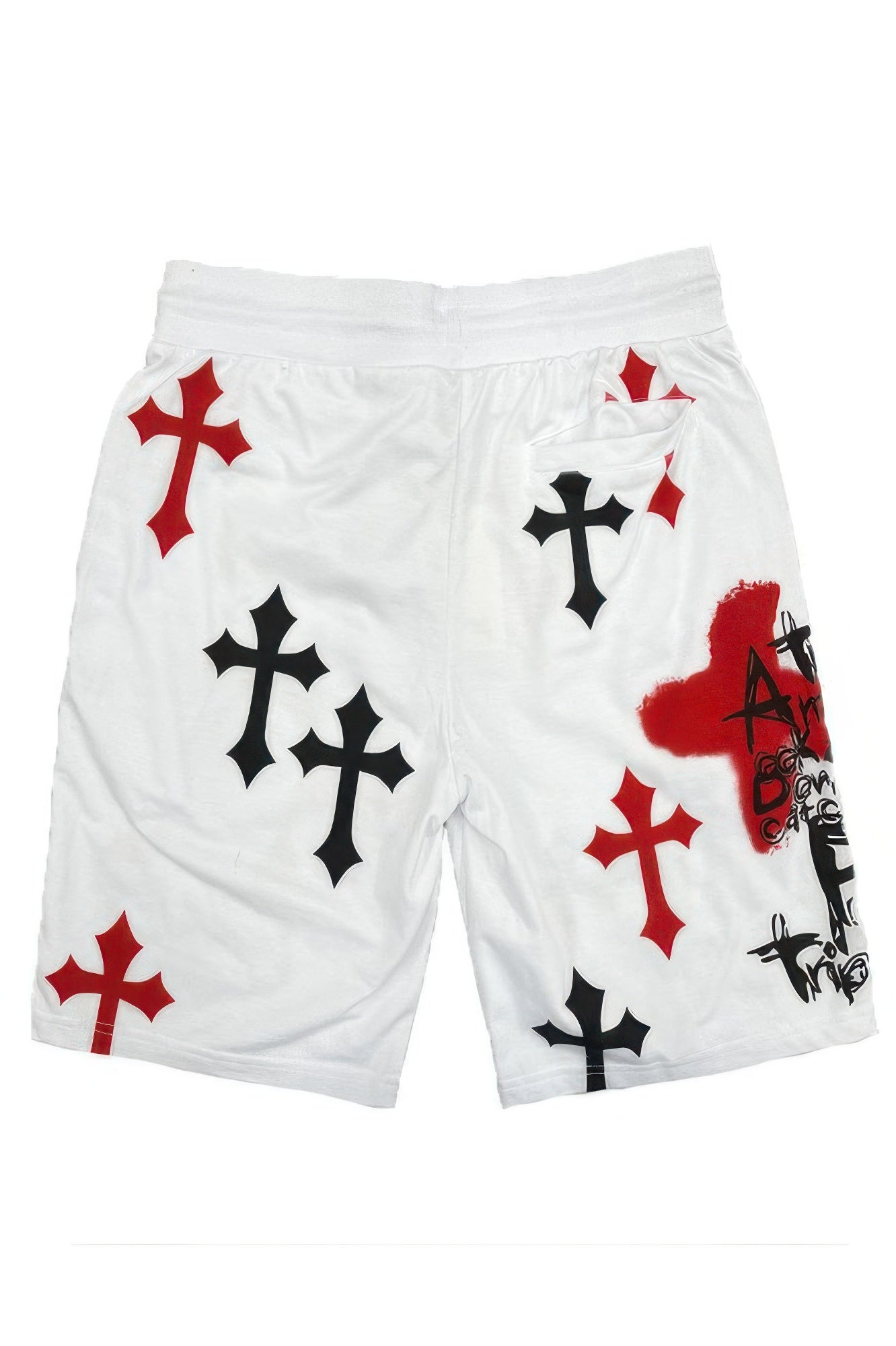 White shorts with red and black cross patterns and red cloud-like skull detail