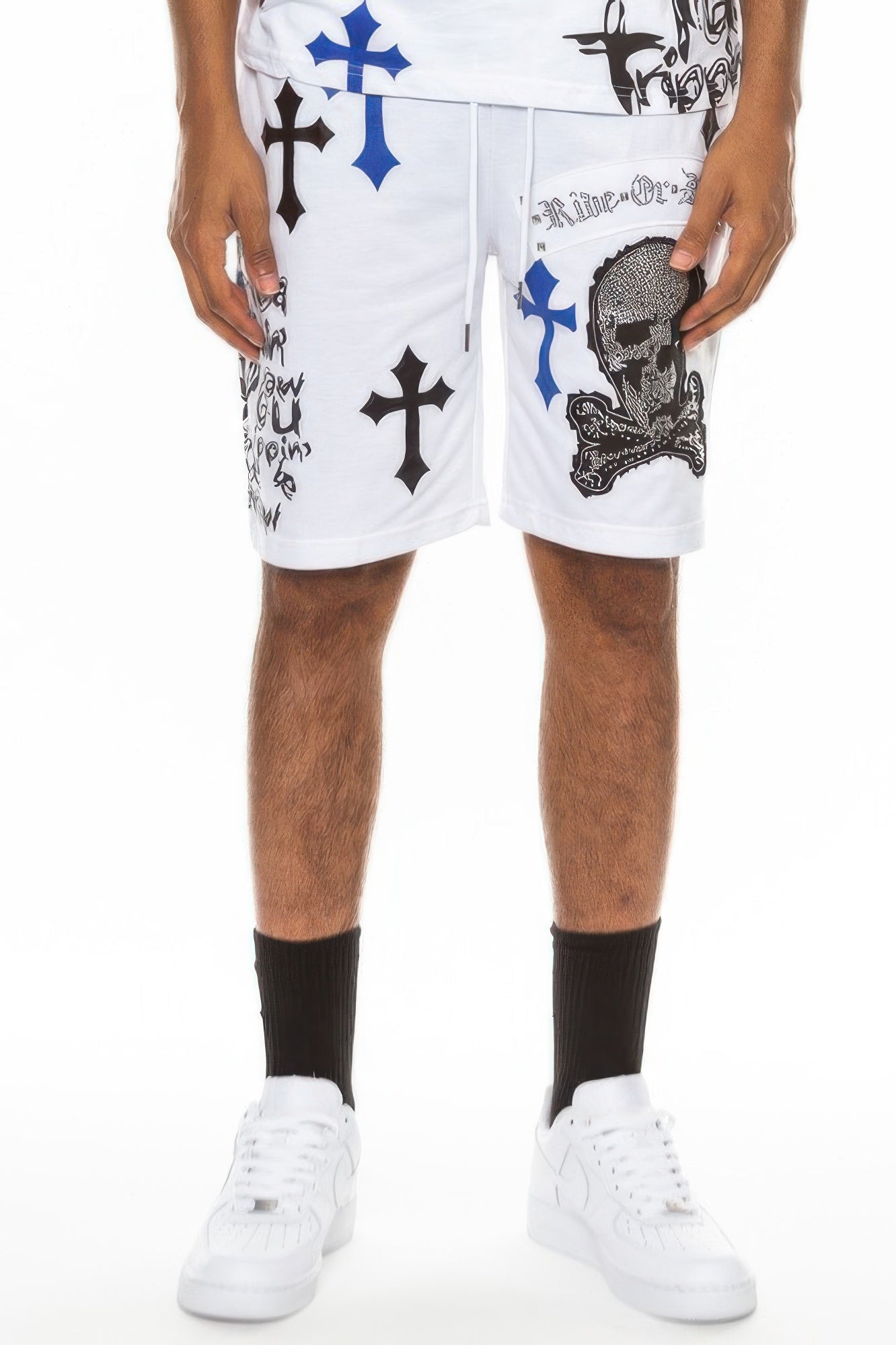 White shorts with blue cross accents, drawstring waist and skull graphic on pocket