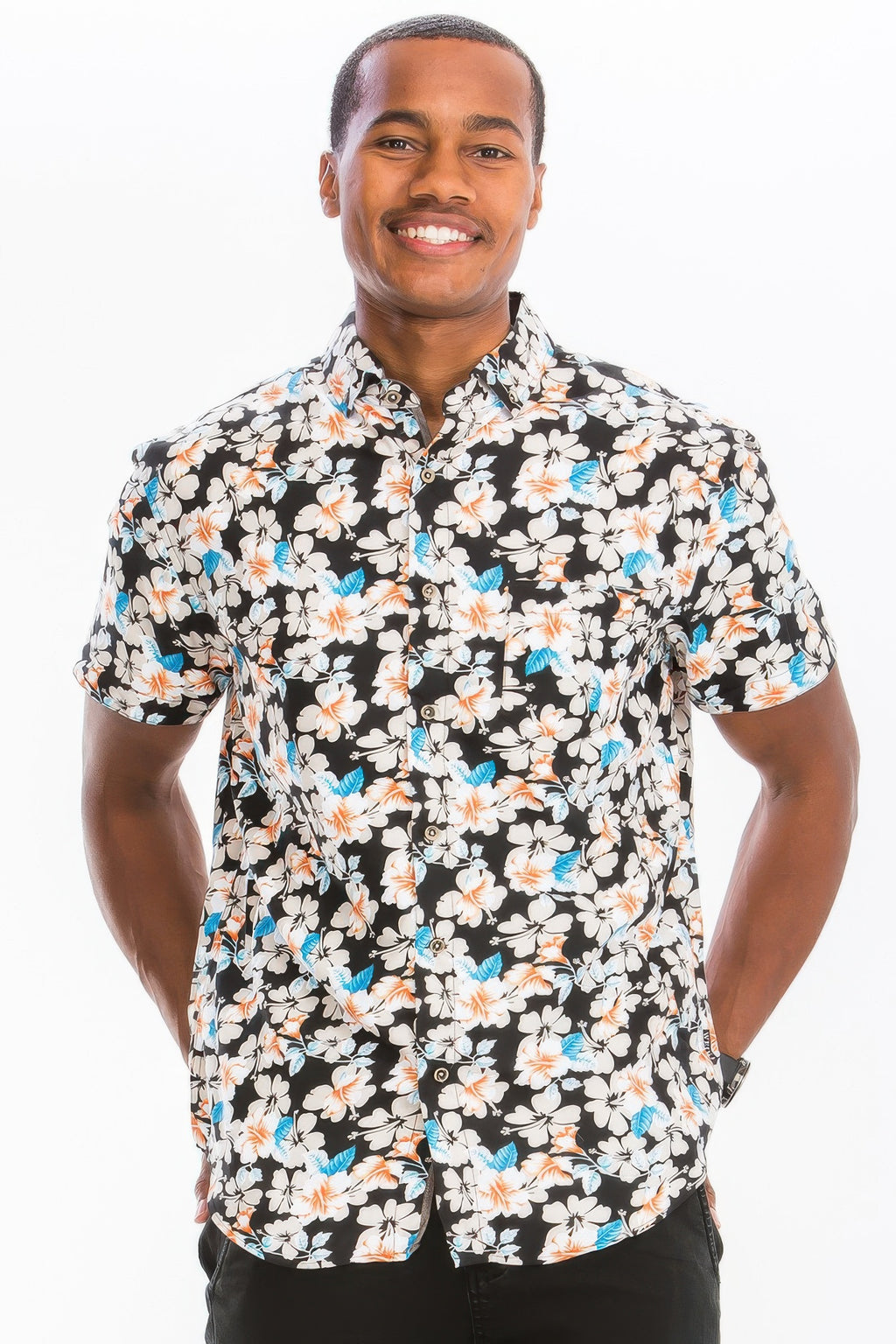 Black men's floral Hawaiian button-up shirt with short sleeves and button front