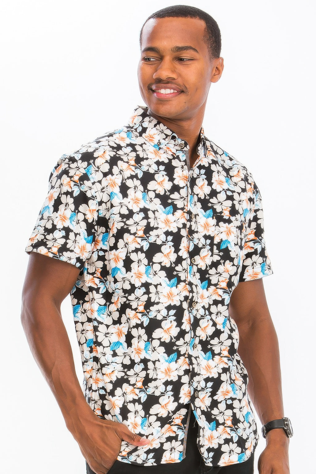 Black Hawaiian button-down shirt with white, orange and blue flower print, front view