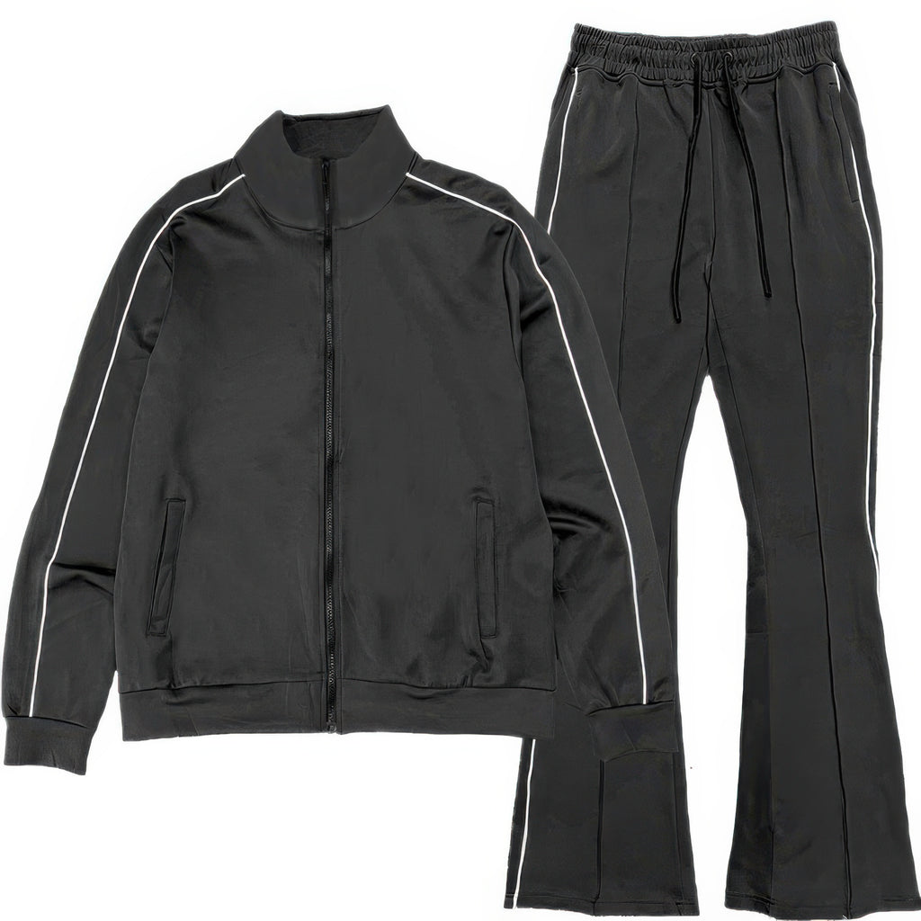 Men’s track jacket and flared pants set in black with white side stripes