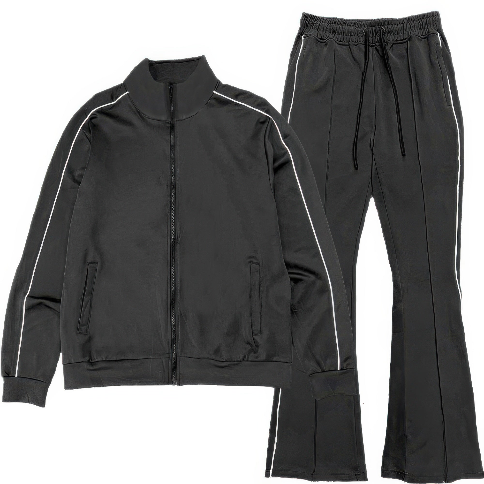 Men’s track jacket and flared pants set in black with white side stripes