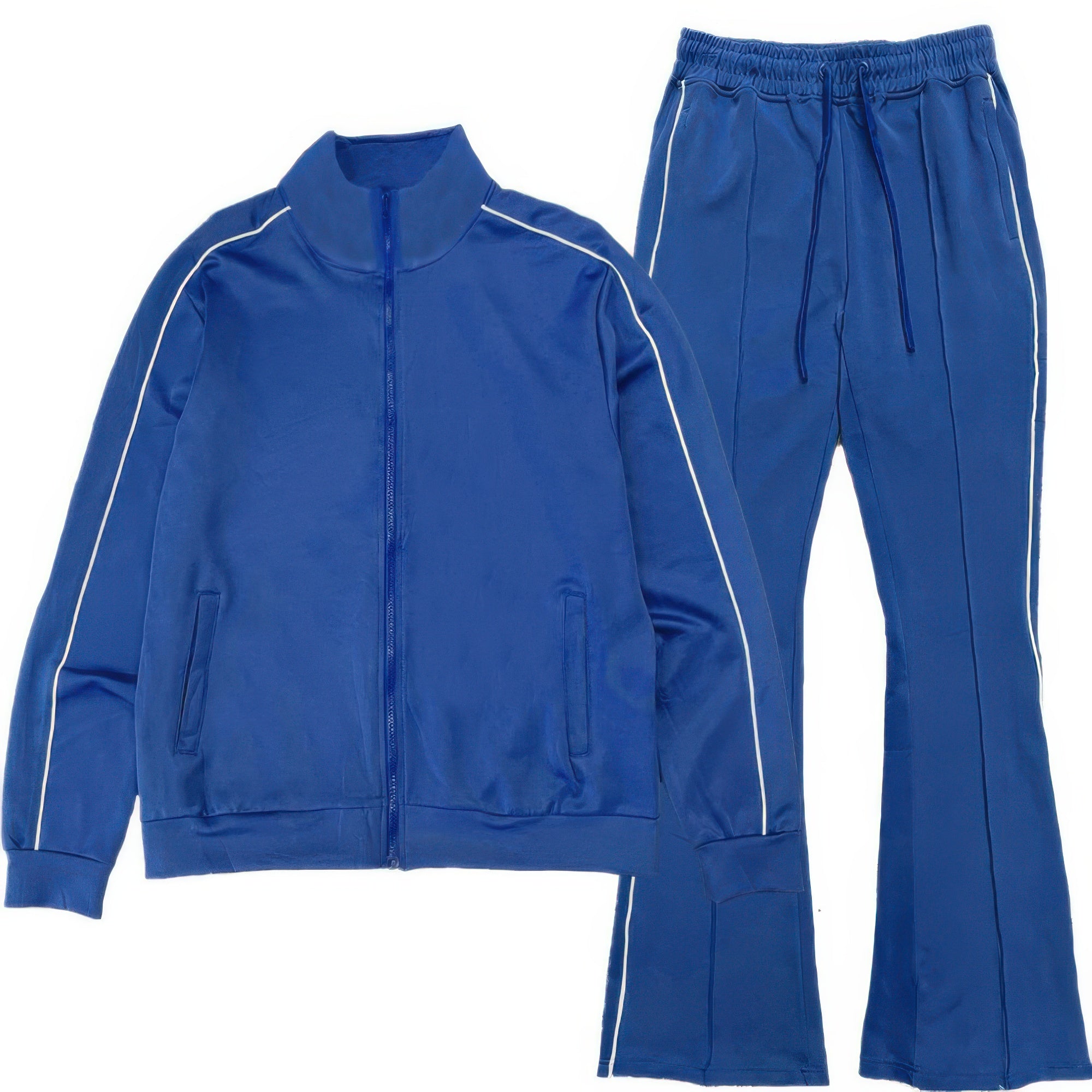 Men’s track jacket and flared pants set in royal blue with white side stripes