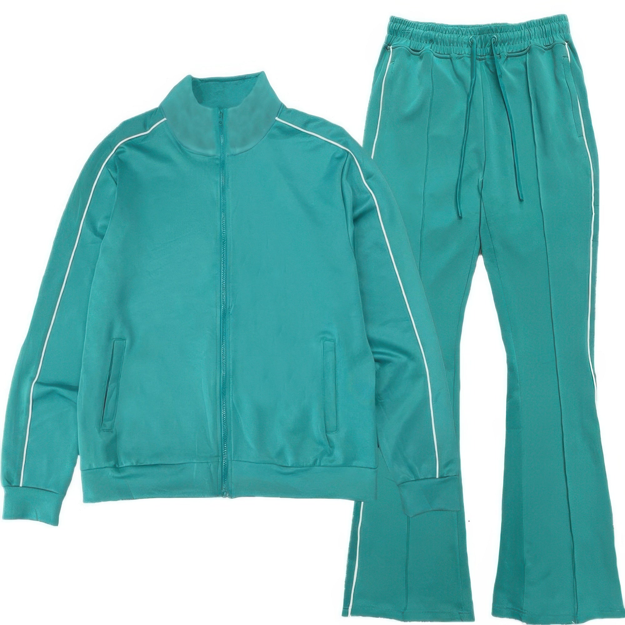 Men’s track jacket and flared pants set in teal with white side stripes