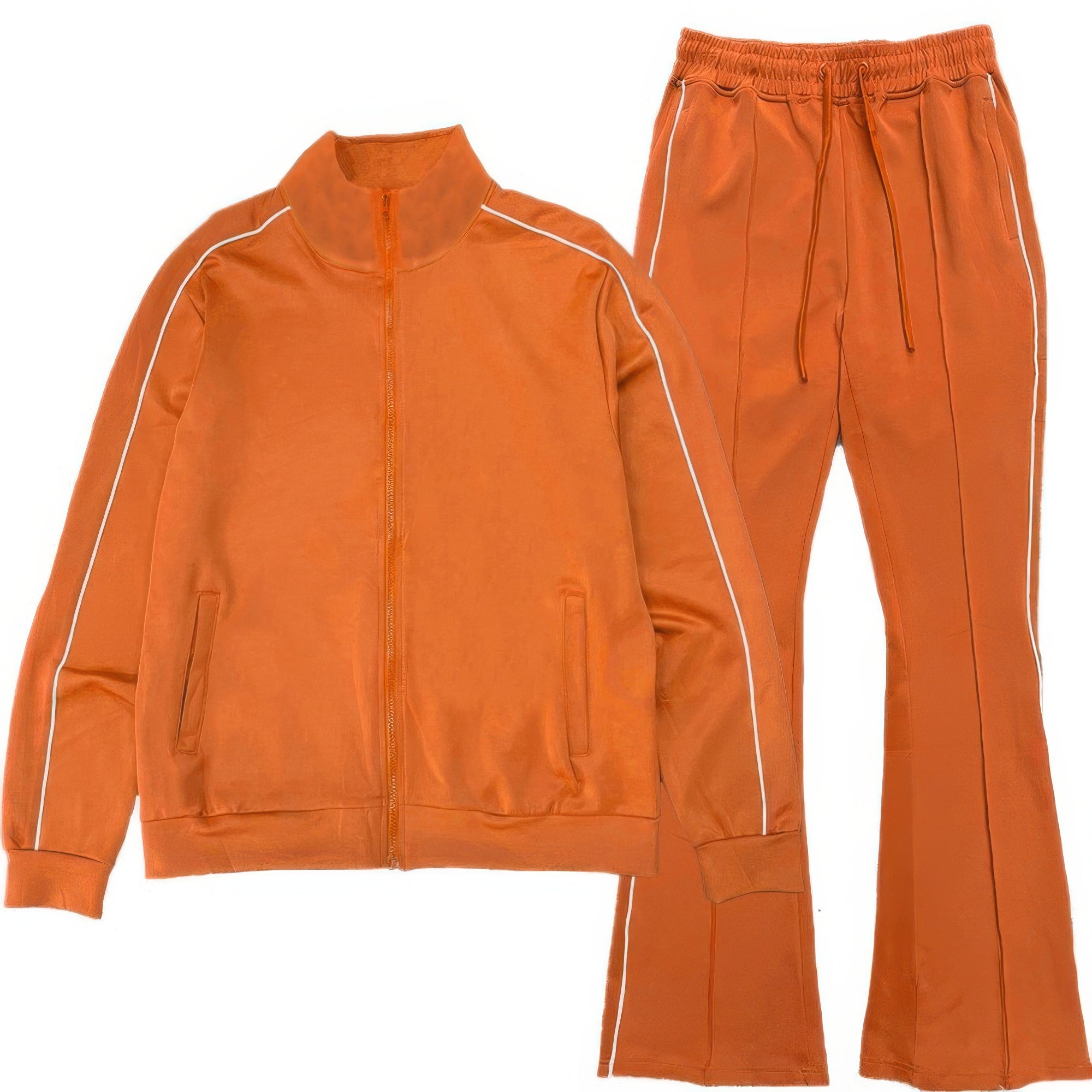 Men’s track jacket and flared pants set in orange with white side stripes