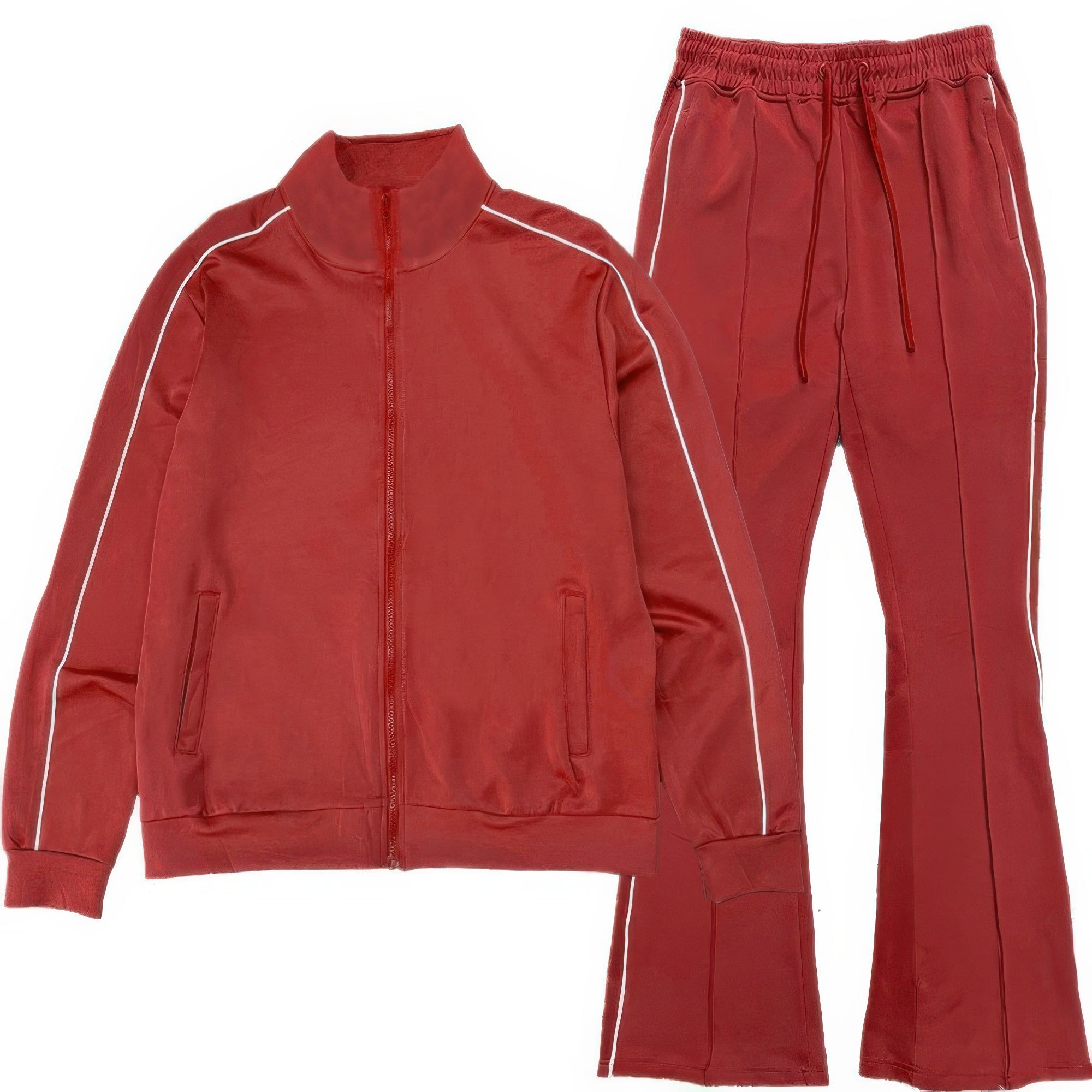 Men’s track jacket and flared pants set in red with white side stripes