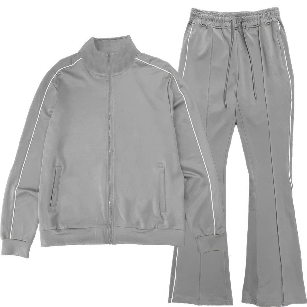 Men’s track jacket and flared pants set in grey with white side stripes