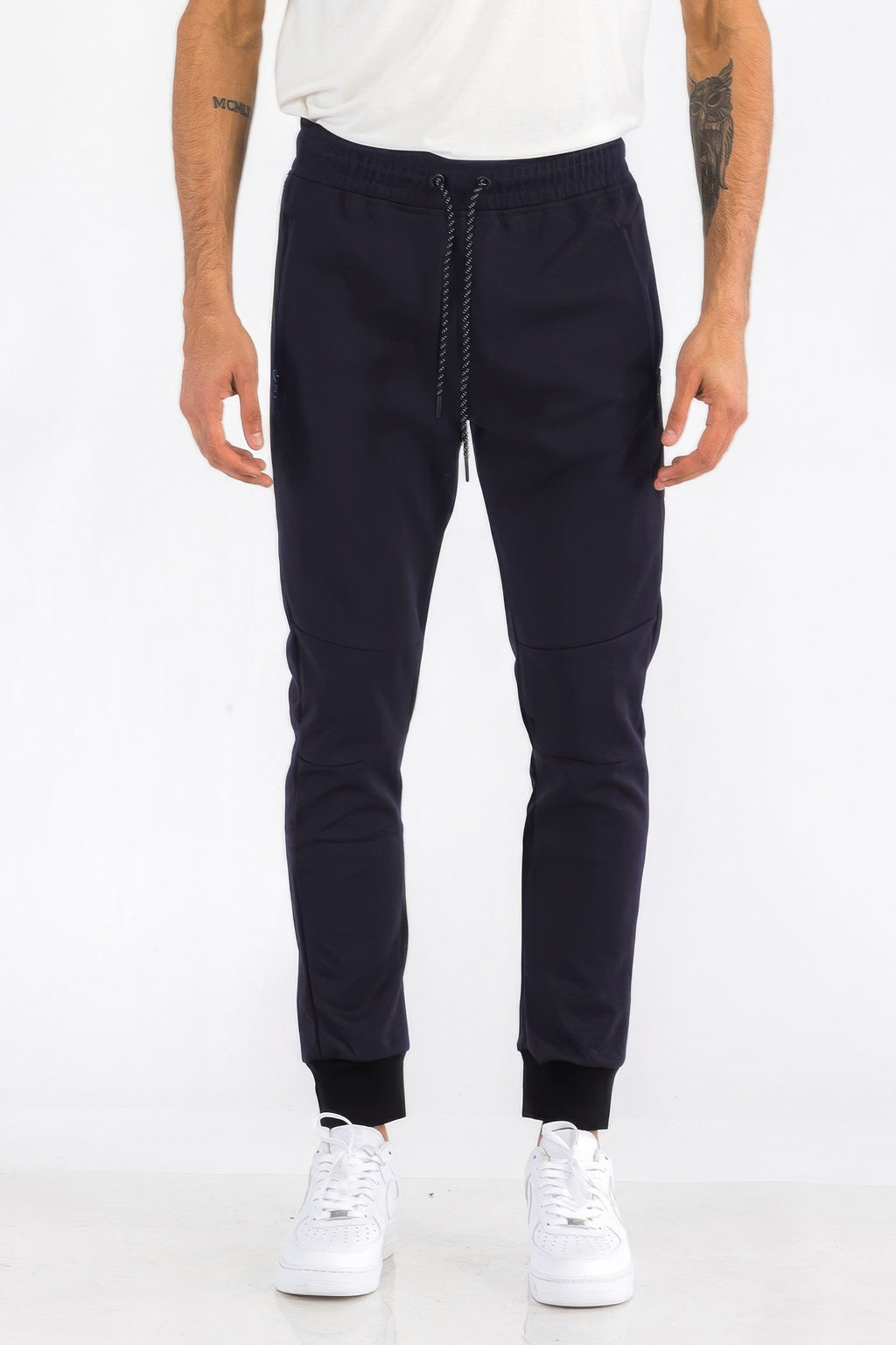 Mens solid jogger in dark navy, drawstring waist and tapered leg