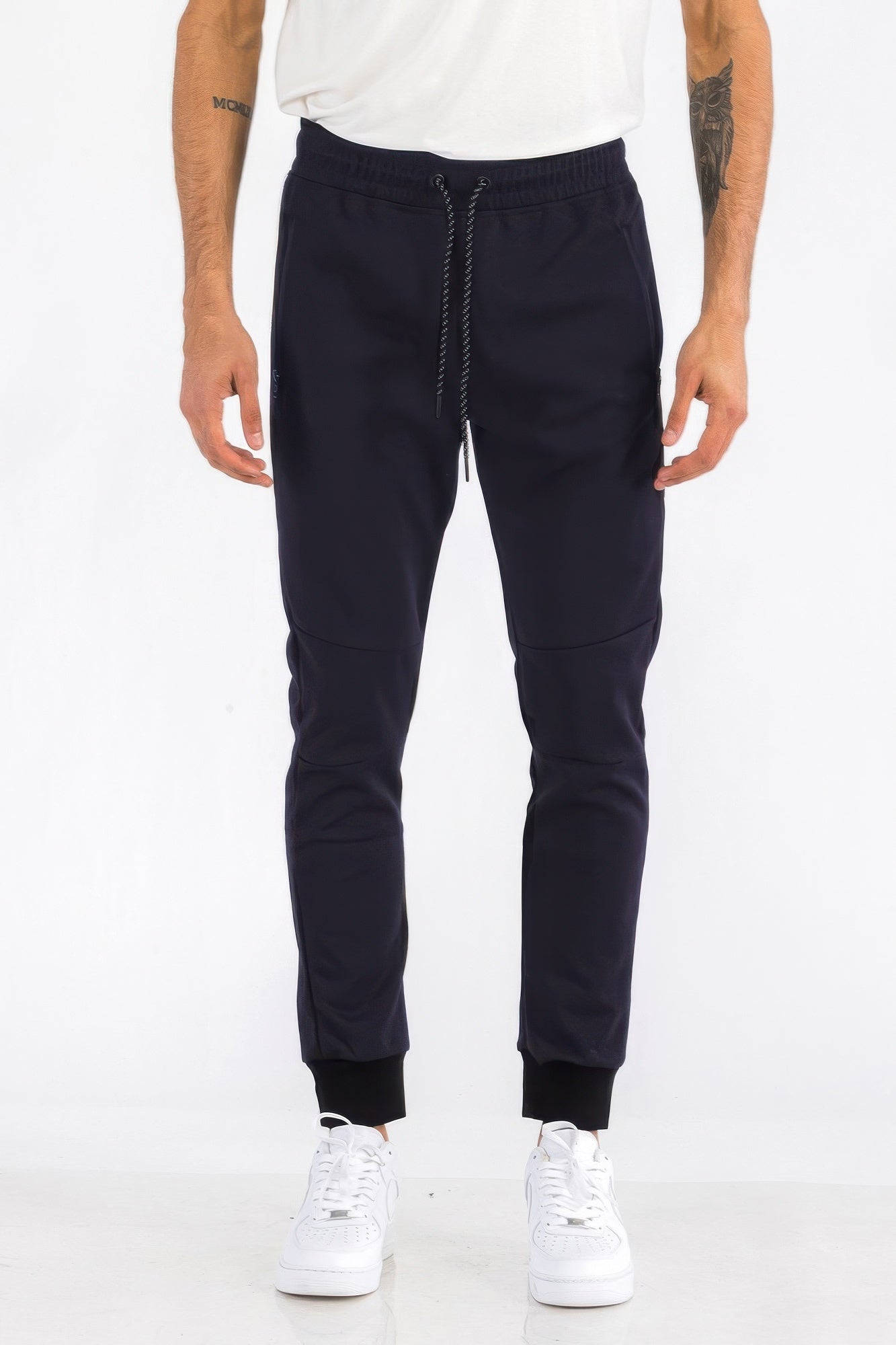 Mens solid jogger in dark navy, drawstring waist and tapered leg
