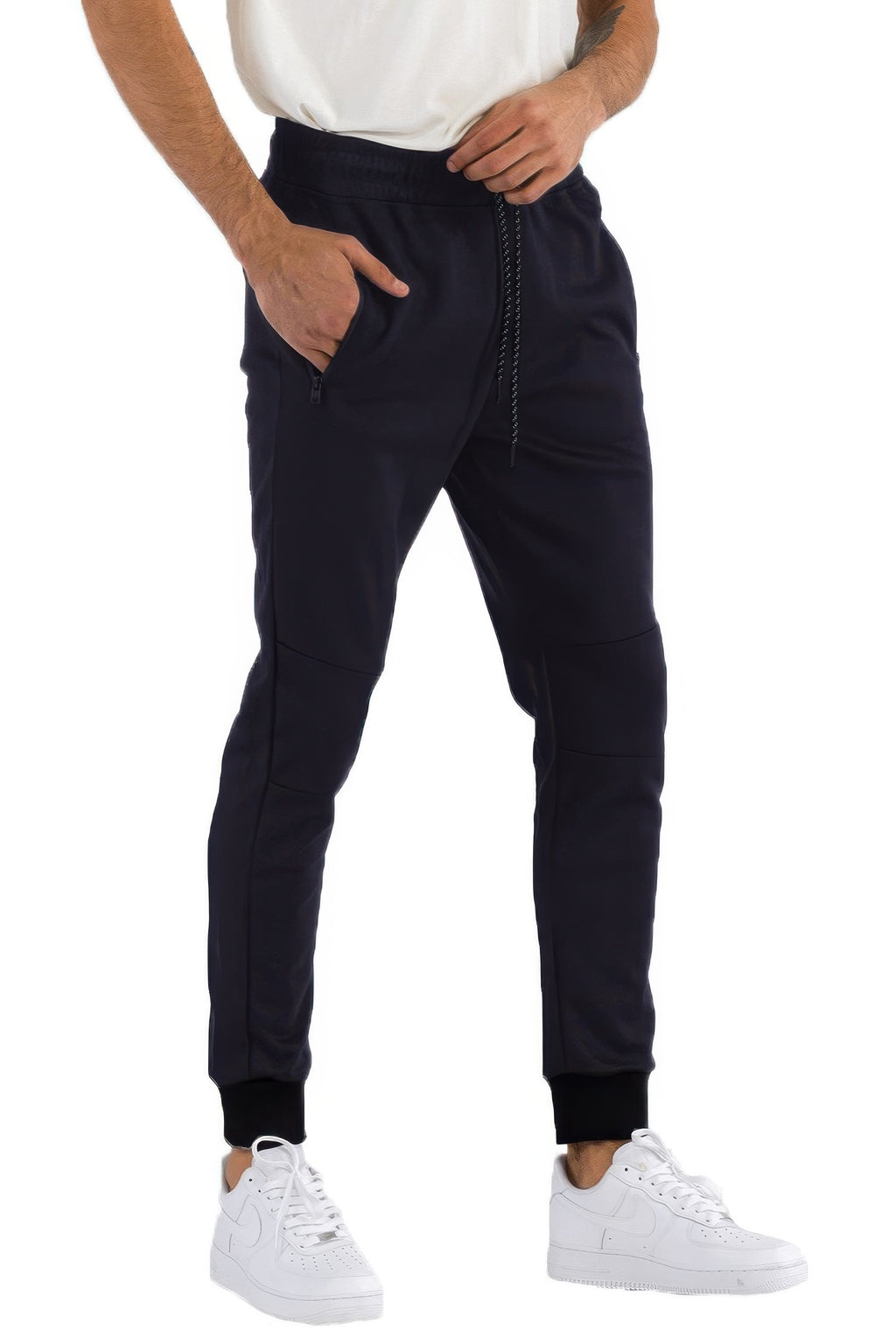 Mens solid jogger in dark navy, side view with drawstring waist and cuffed hem