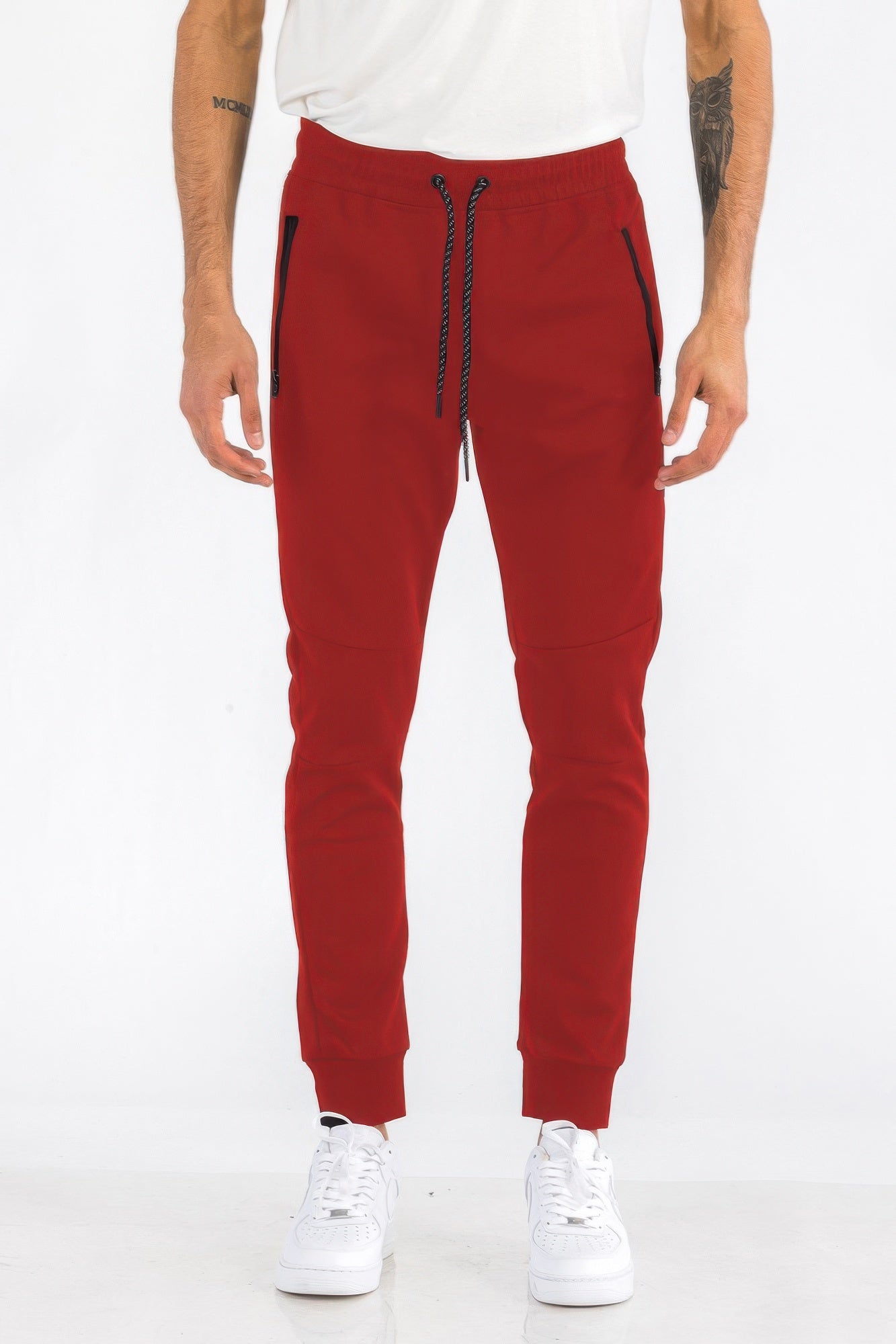 Mens solid jogger in red, drawstring waist and tapered leg