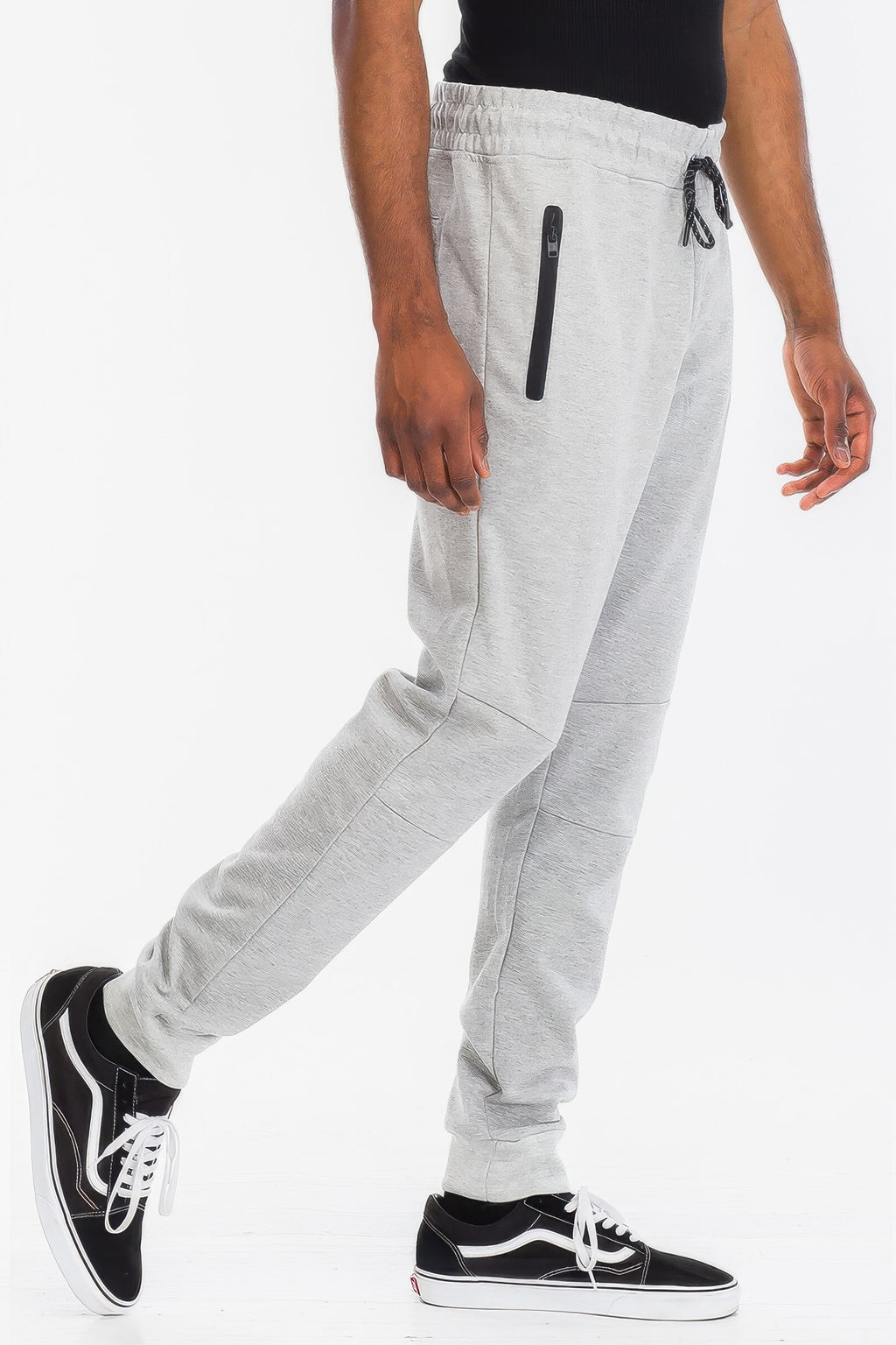 Mens solid jogger in light heather gray, drawstring waist and side pockets