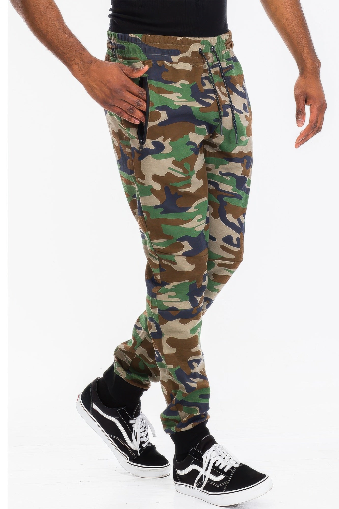 Mens solid jogger in camo green, drawstring waist and tapered legs