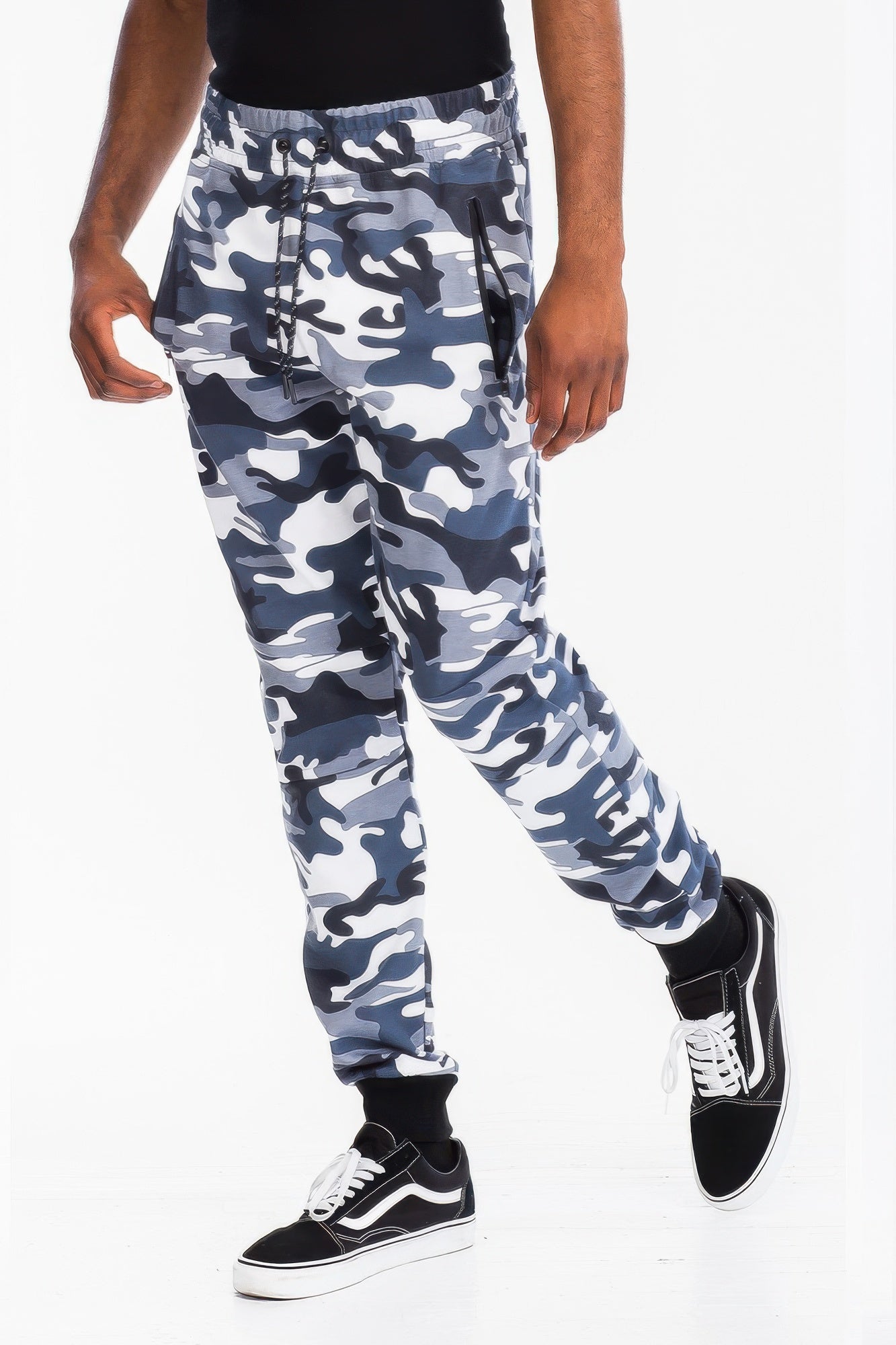 Mens solid jogger in blue-and-gray camouflage, drawstring waist and tapered fit