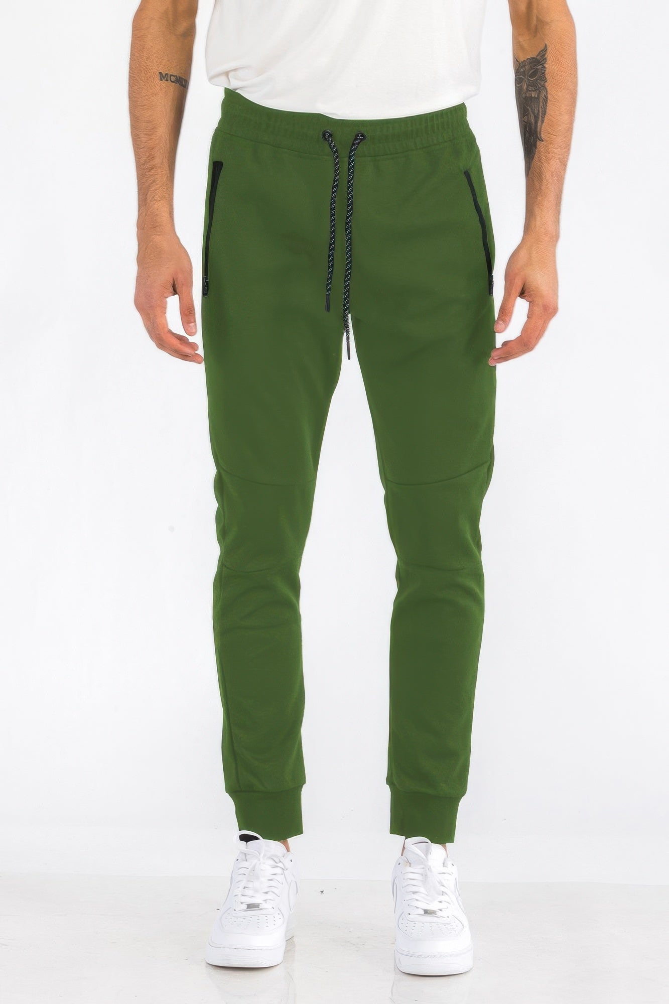 Mens solid jogger in olive green, drawstring waist and cuffed hem