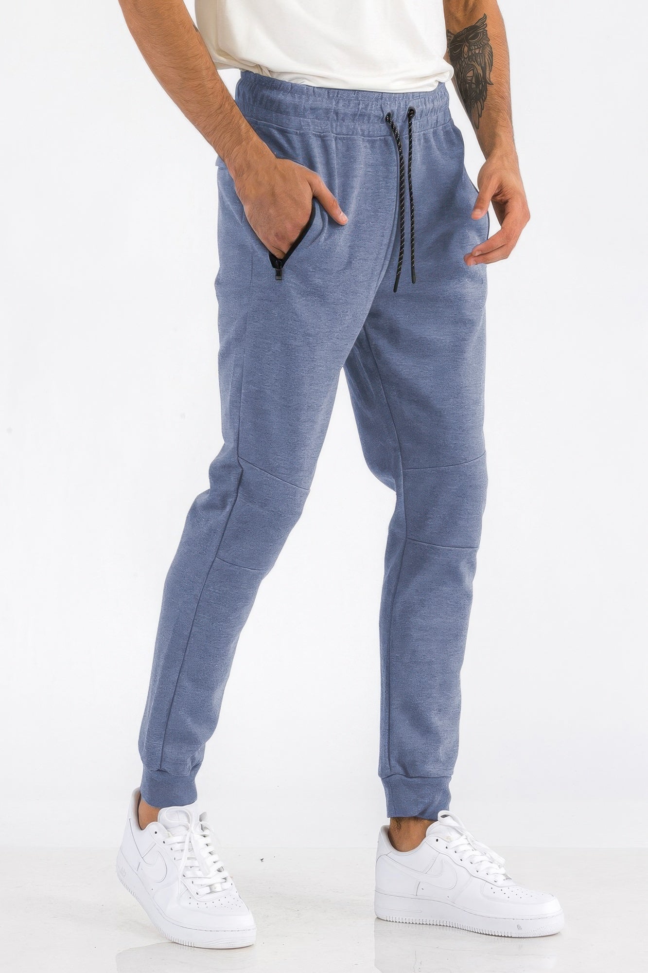 Mens solid jogger in blue heather, drawstring waist and side pockets
