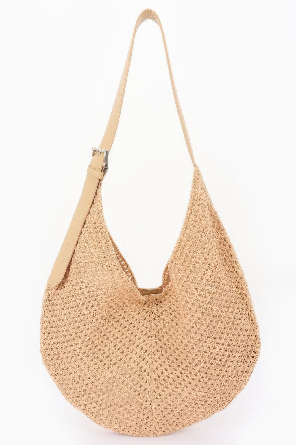 Beige mesh crochet shoulder bag with pouch, wide hobo shape and side opening