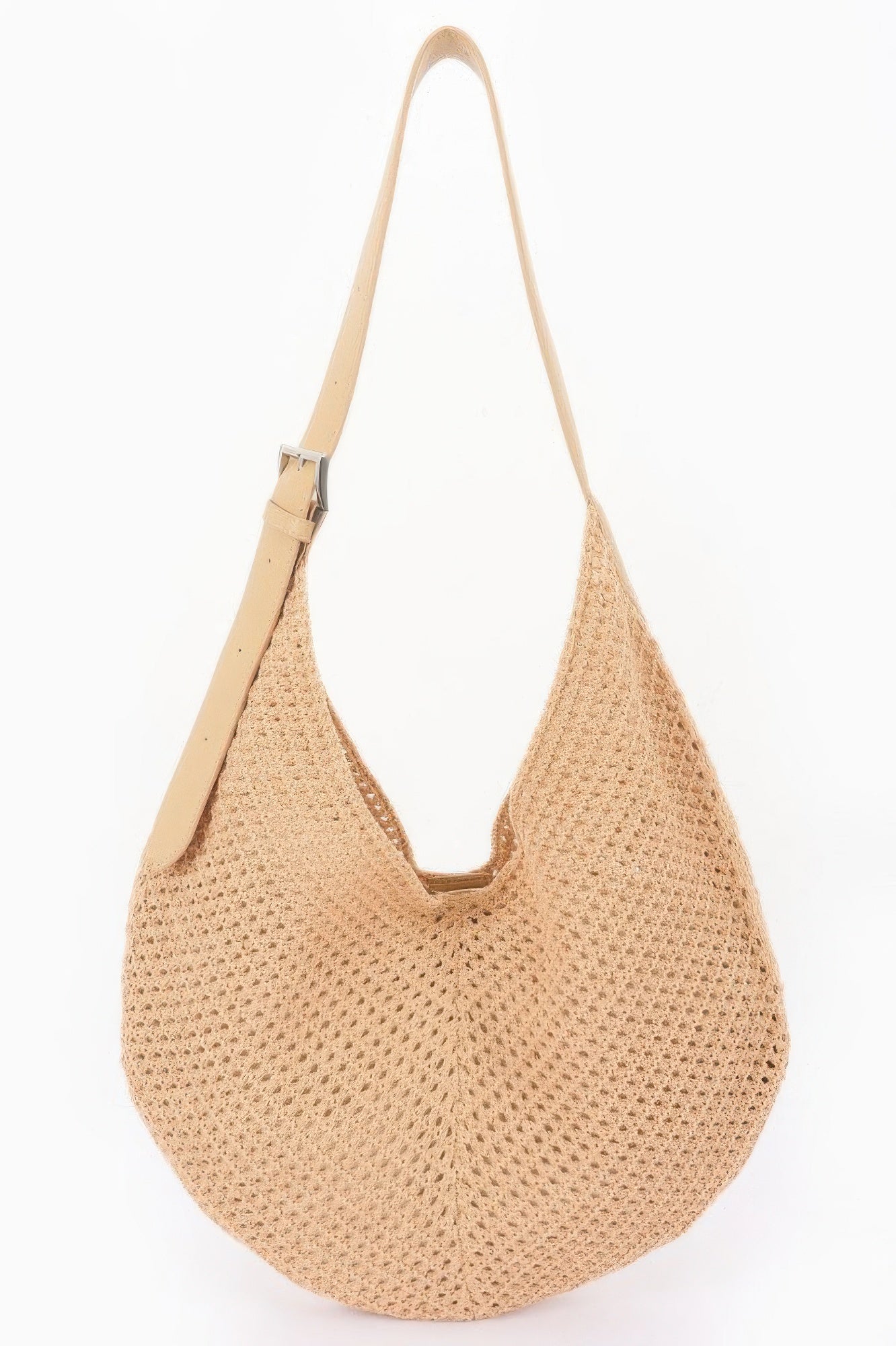 Beige mesh crochet shoulder bag with pouch, wide hobo shape and side opening