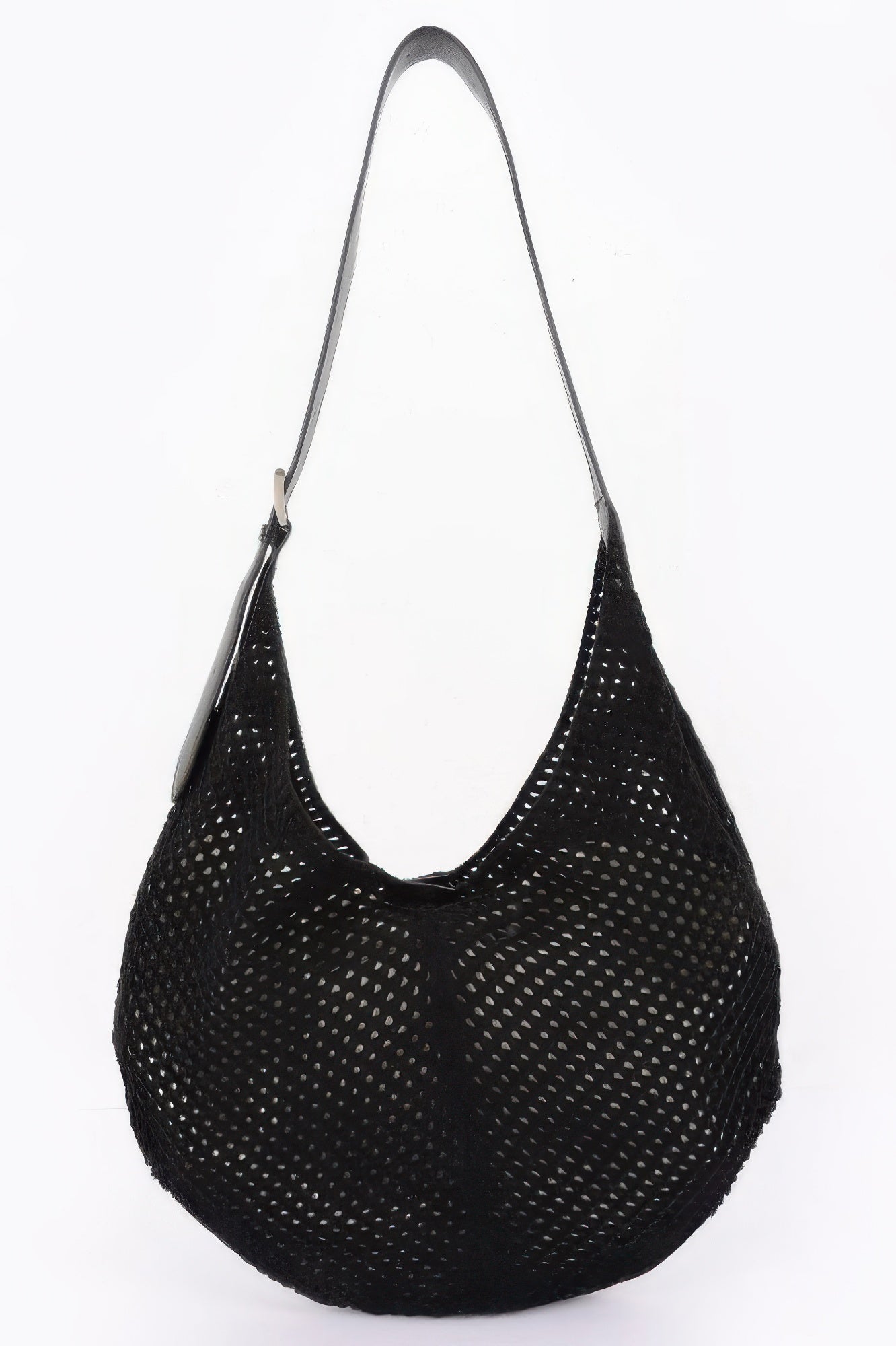 Black mesh crochet shoulder bag with pouch, perforated texture and curved hobo body