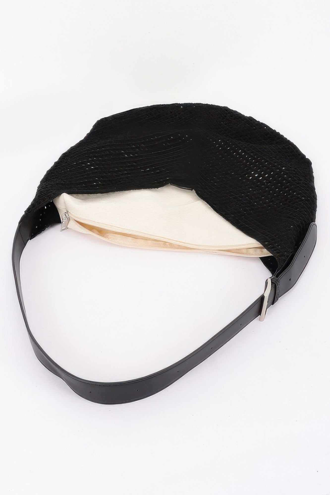 Black mesh crochet shoulder pouch bag, open view with light lining and strap clips