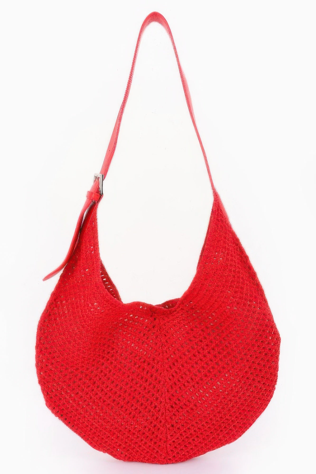 Red mesh crochet shoulder bag with pouch, slouchy hobo style and adjustable strap