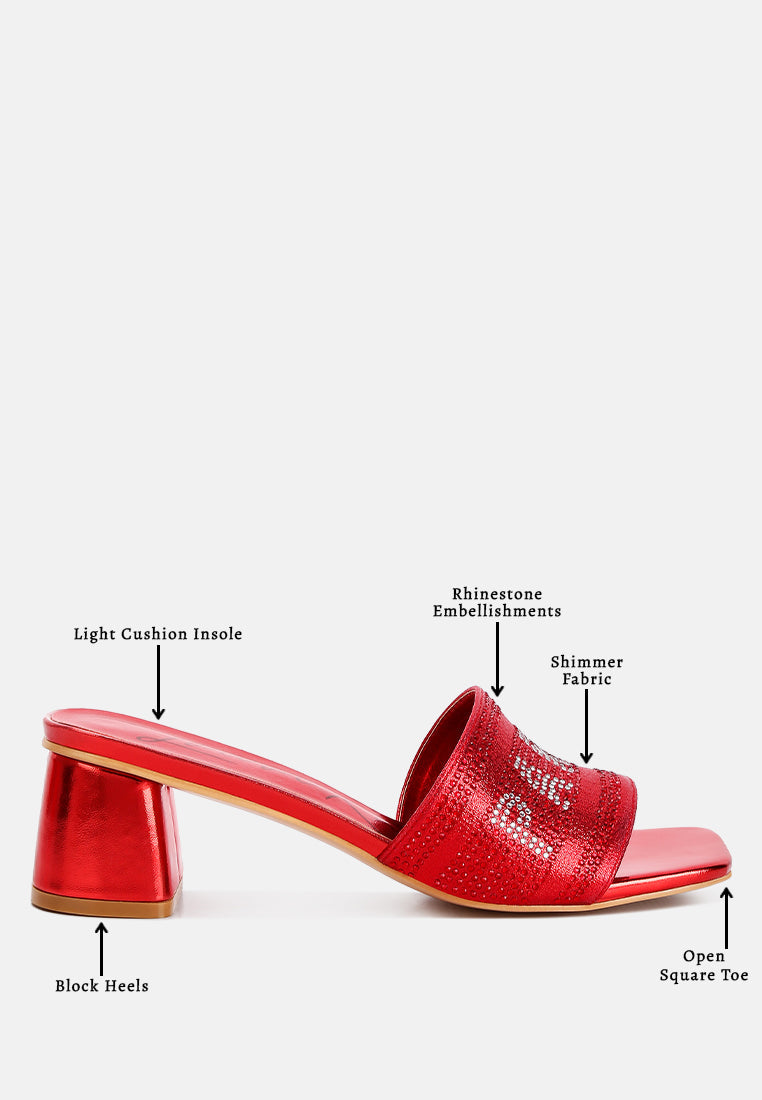 Red Paris sandals with rhinestone embellishments, shimmering fabric, open square toe