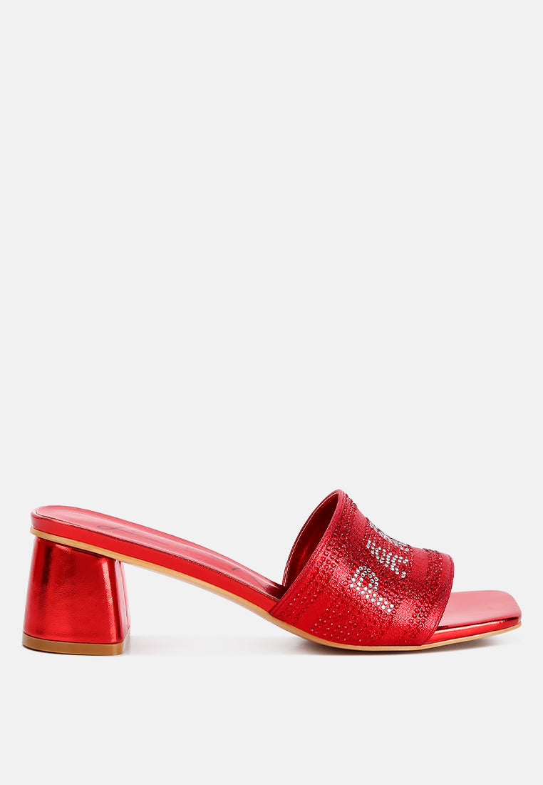 Messels red rhinestone embellished slide Paris sandals, square toe, block heel