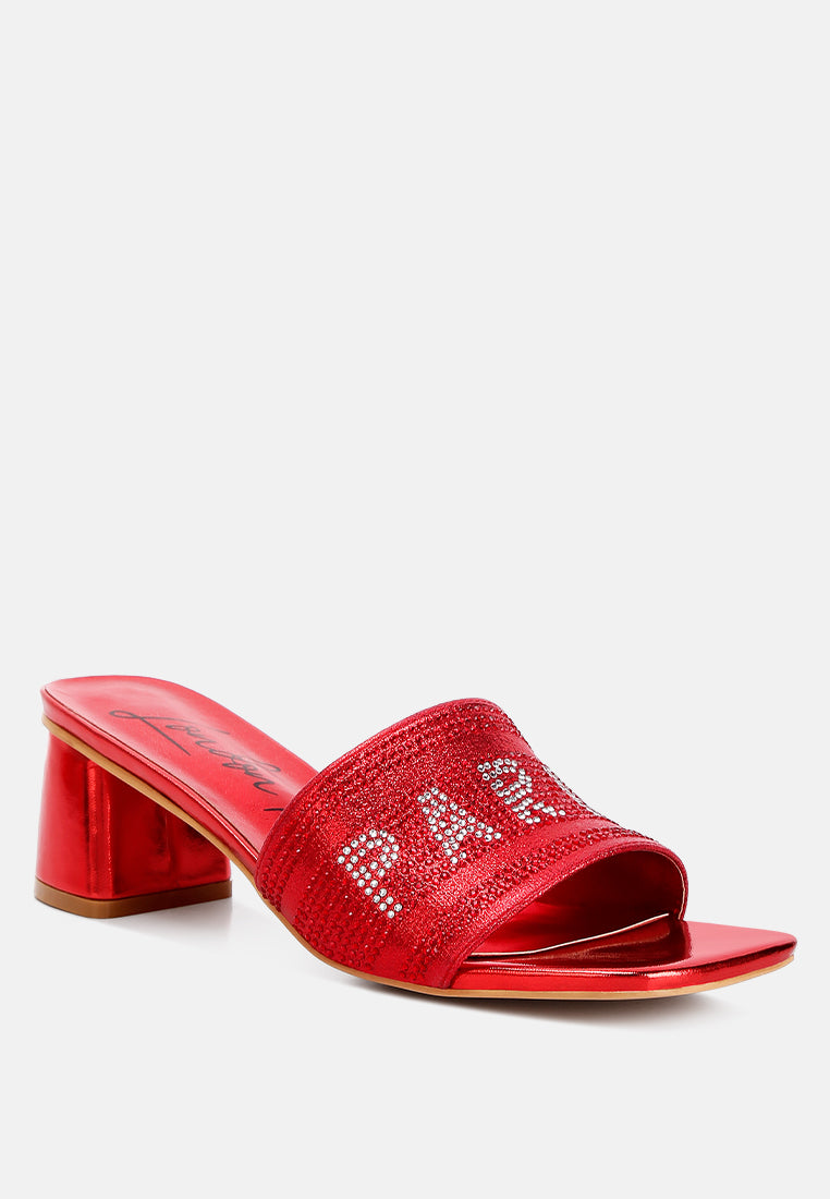 Red rhinestone strap mule sandals with square toe and chunky block heel