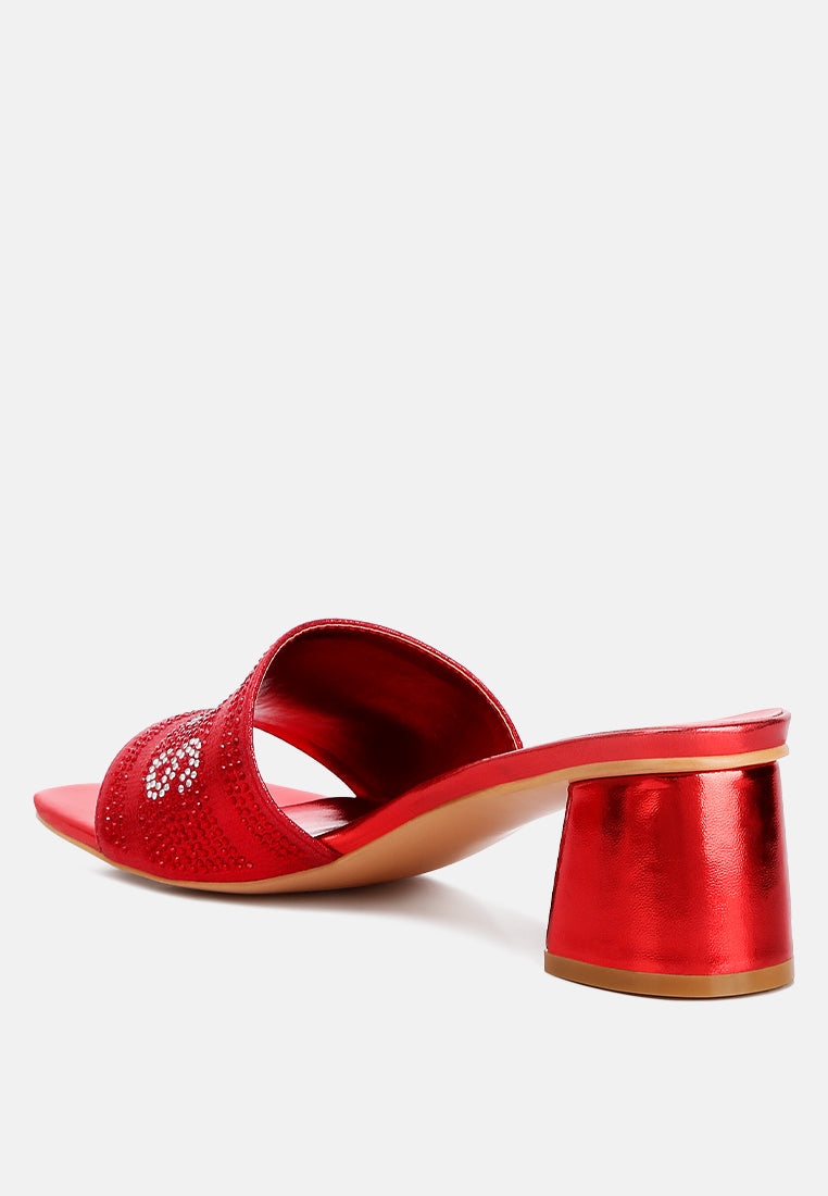 Red rhinestone slide sandals with open square toe and mid block heel