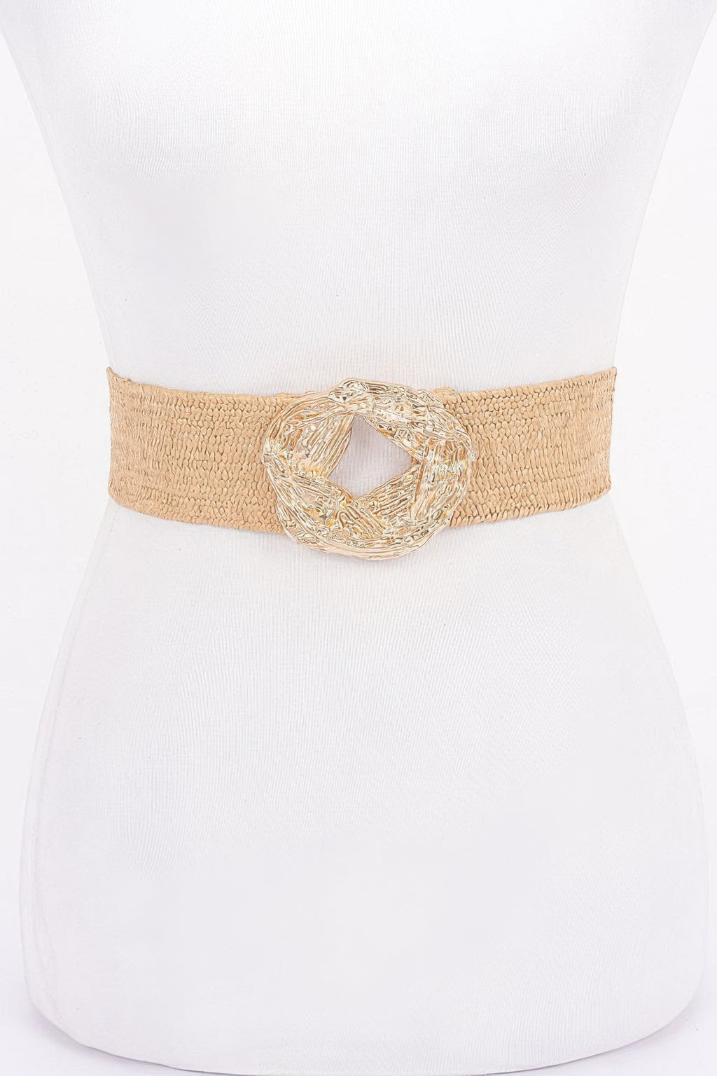 Beige elastic faux straw belt with ornate gold-tone metal buckle