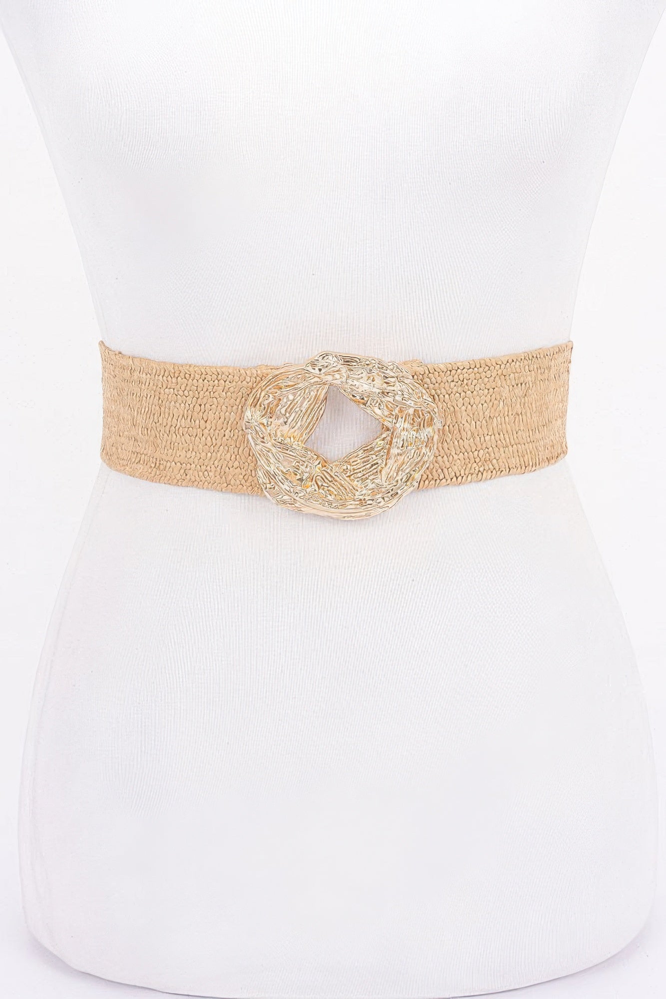 Beige elastic faux straw belt with ornate gold-tone metal buckle