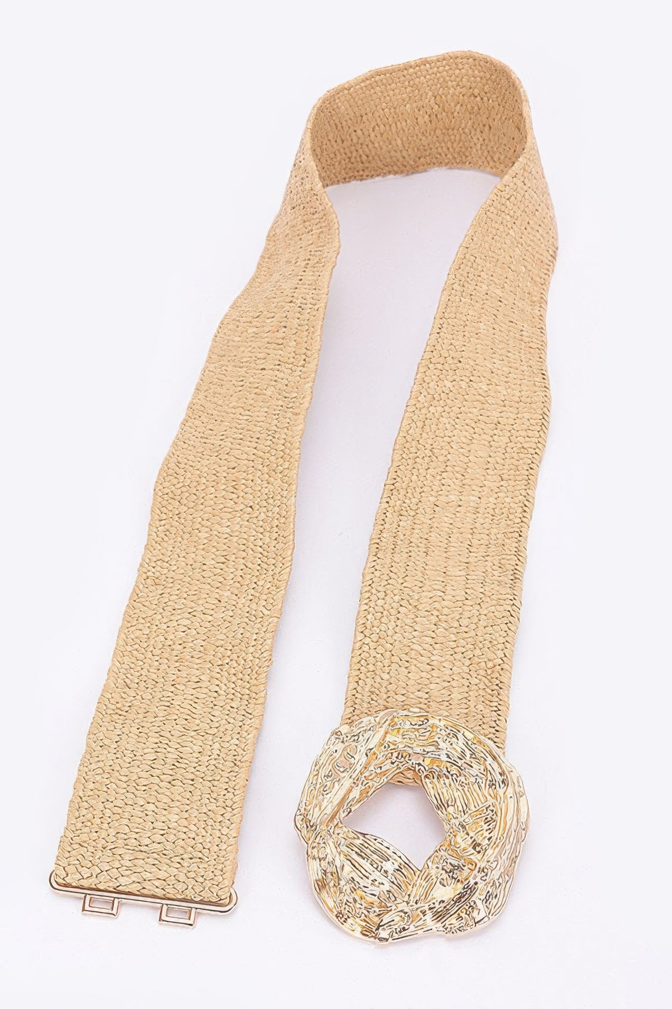 Beige wide faux straw belt with gold-tone metal buckle detail