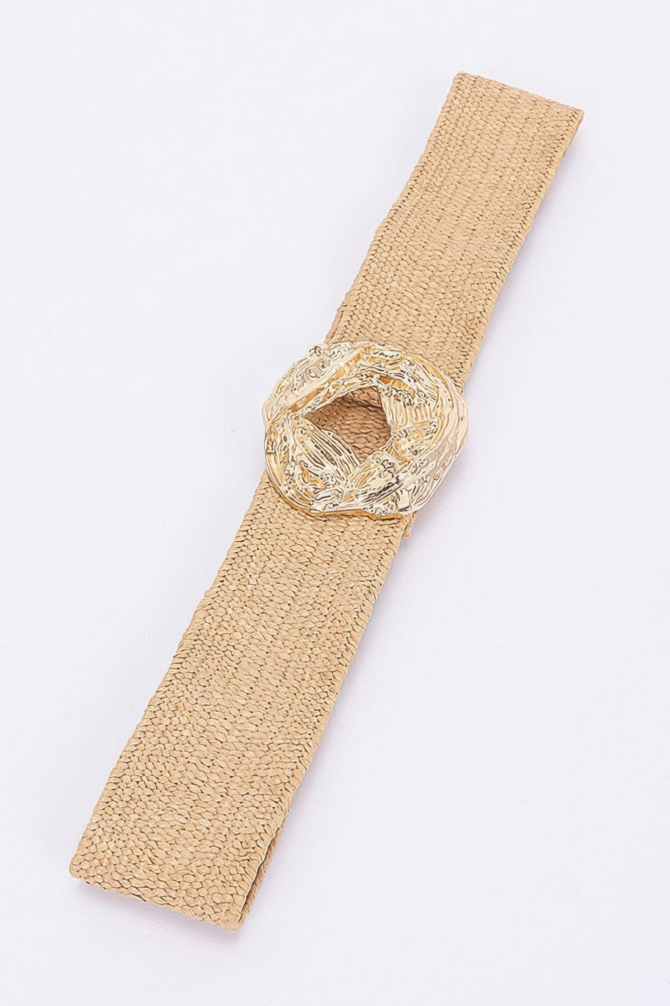 Beige textured belt strap with oval decorative gold-tone buckle