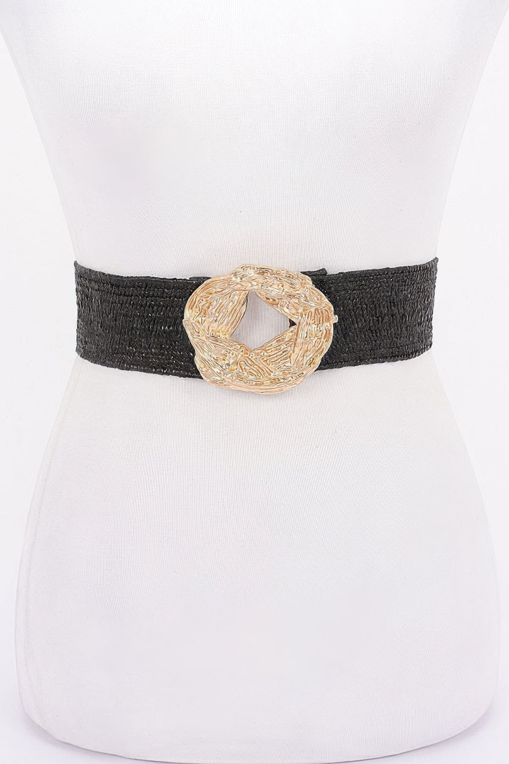 Black elastic faux straw belt with ornate gold-tone metal buckle