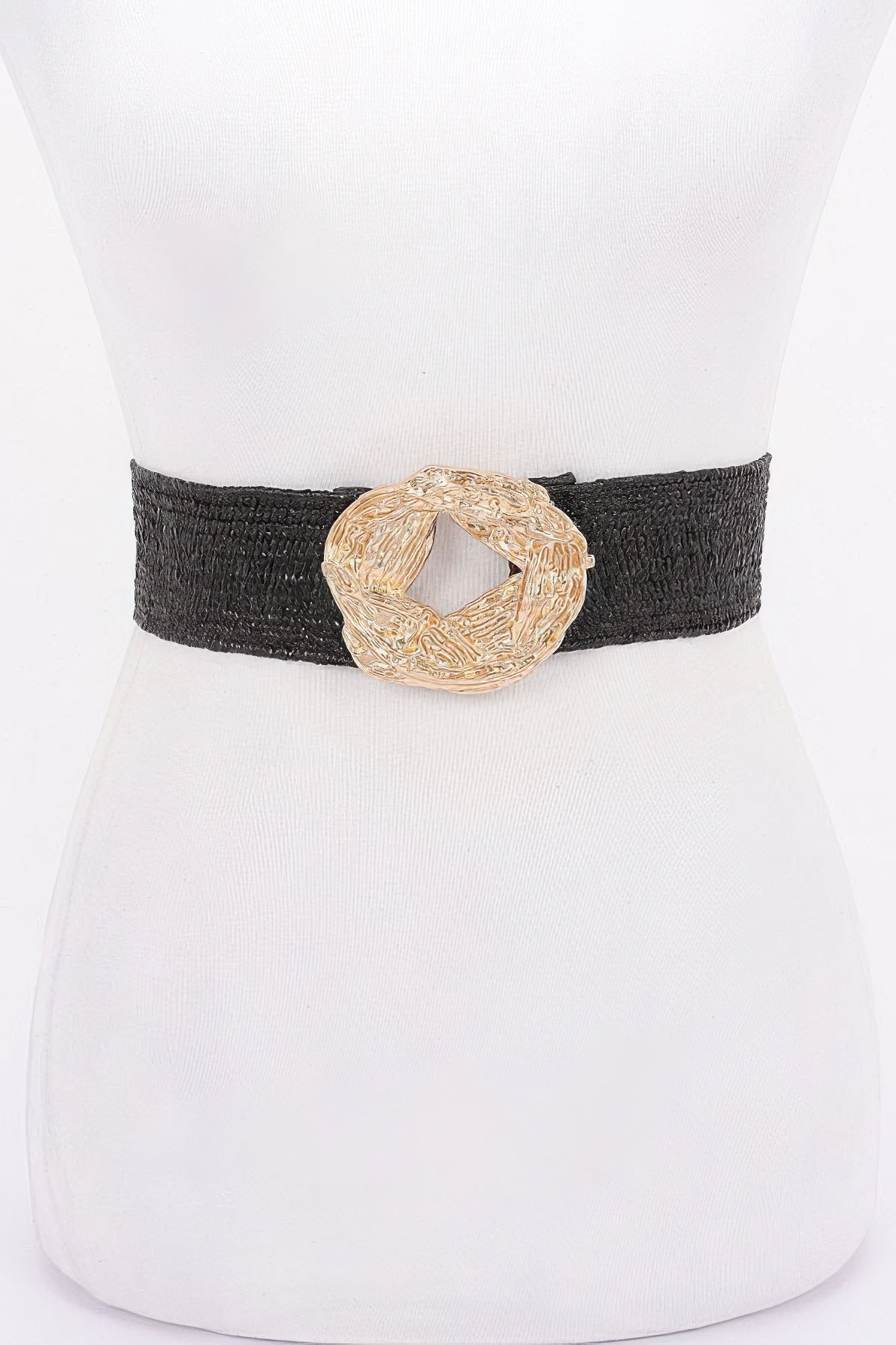 Black elastic faux straw belt with ornate gold-tone metal buckle