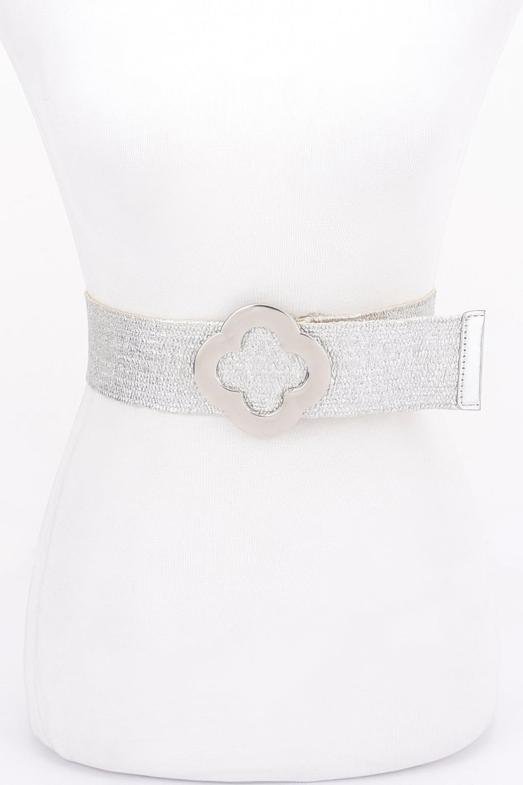 Silver metallic stretch belt with clover-shaped buckle and elastic band
