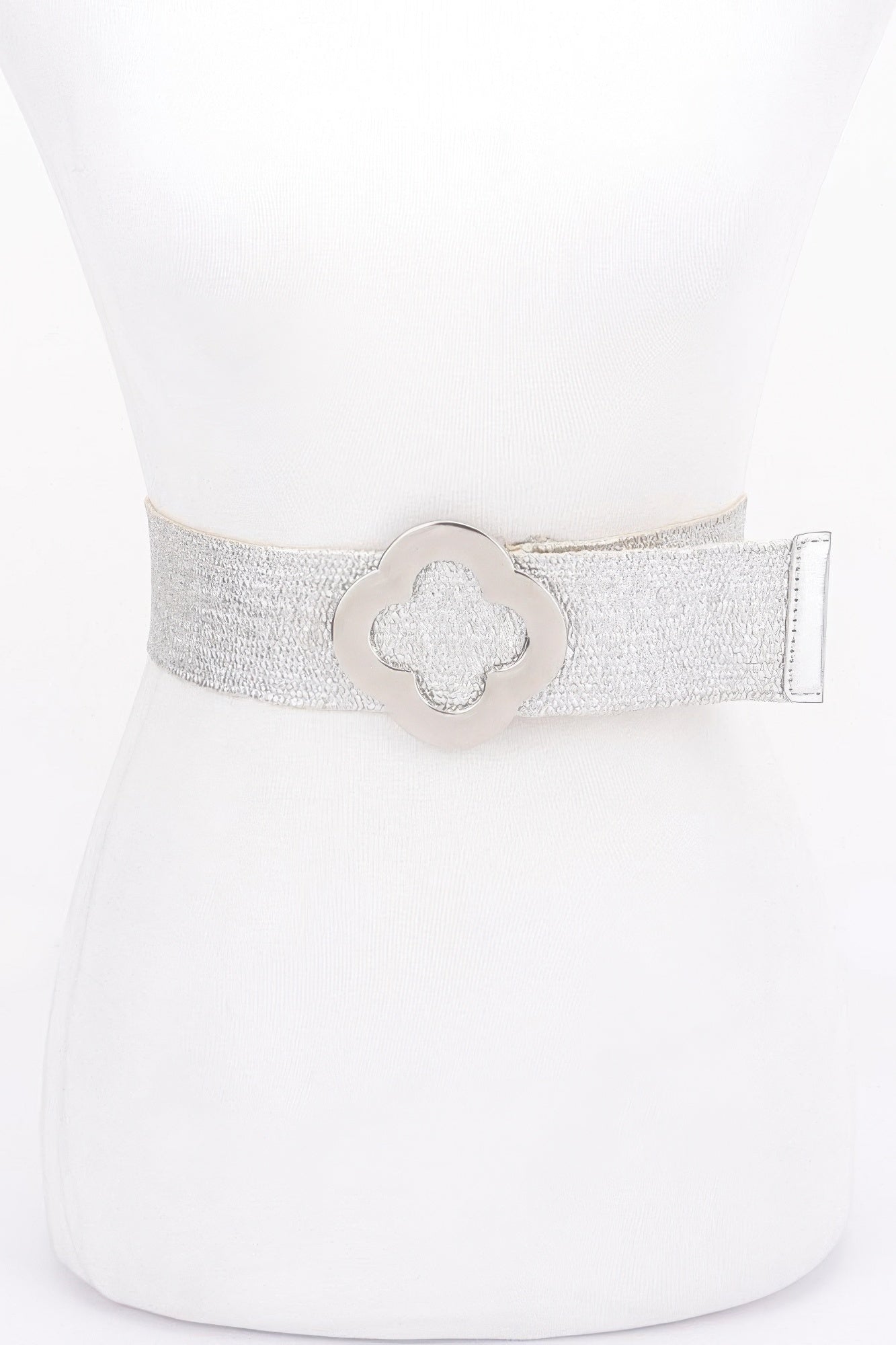 Silver metallic stretch belt with clover-shaped buckle and elastic band