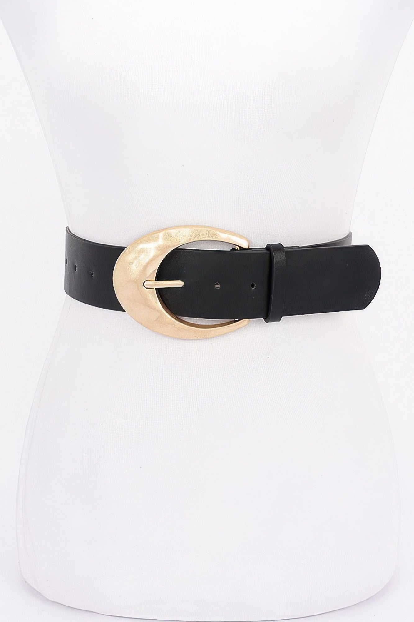 Black PU belt with metal ring buckle and punched adjustment holes