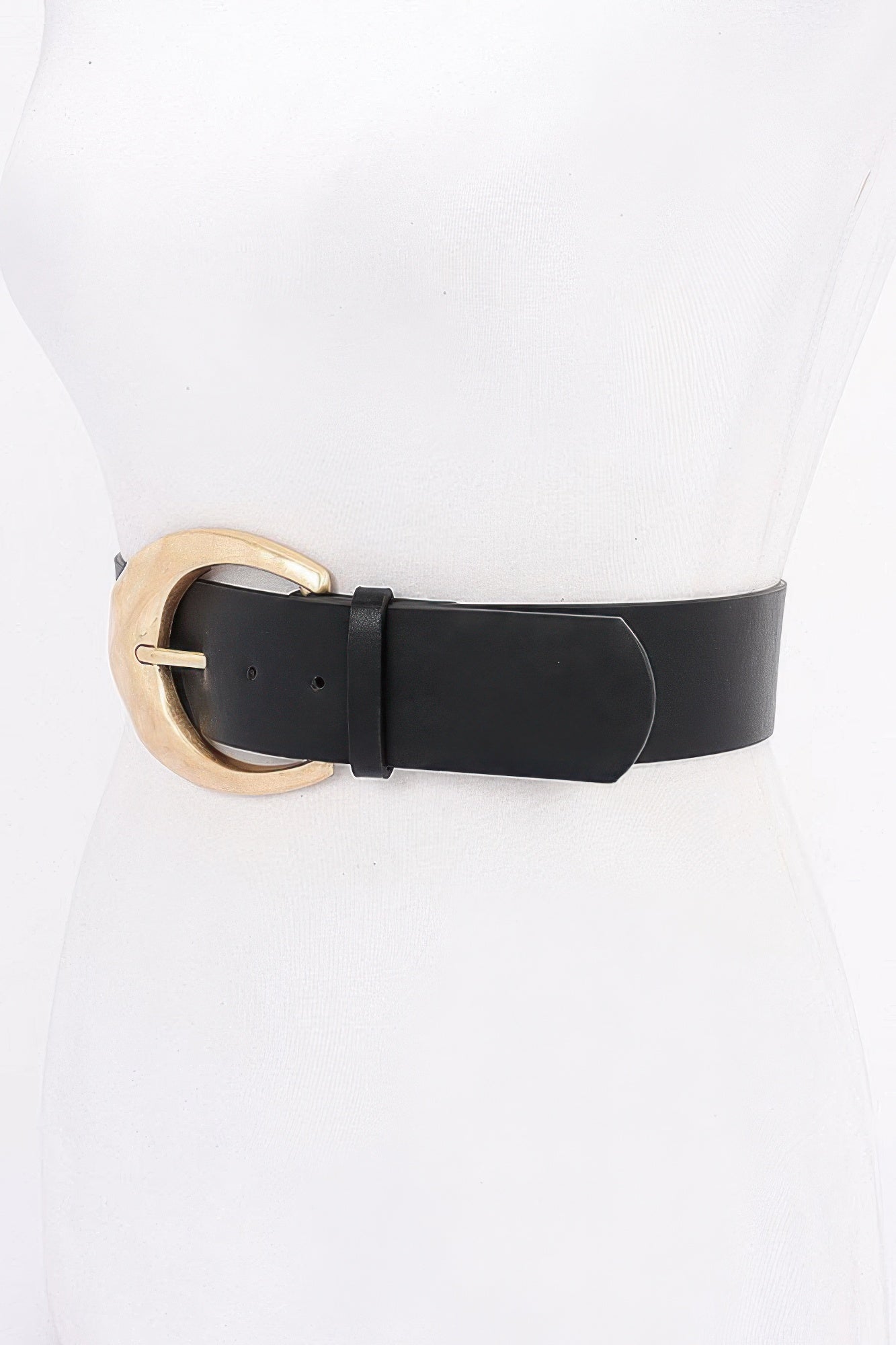Black PU belt with metal ring buckle, smooth strap end
