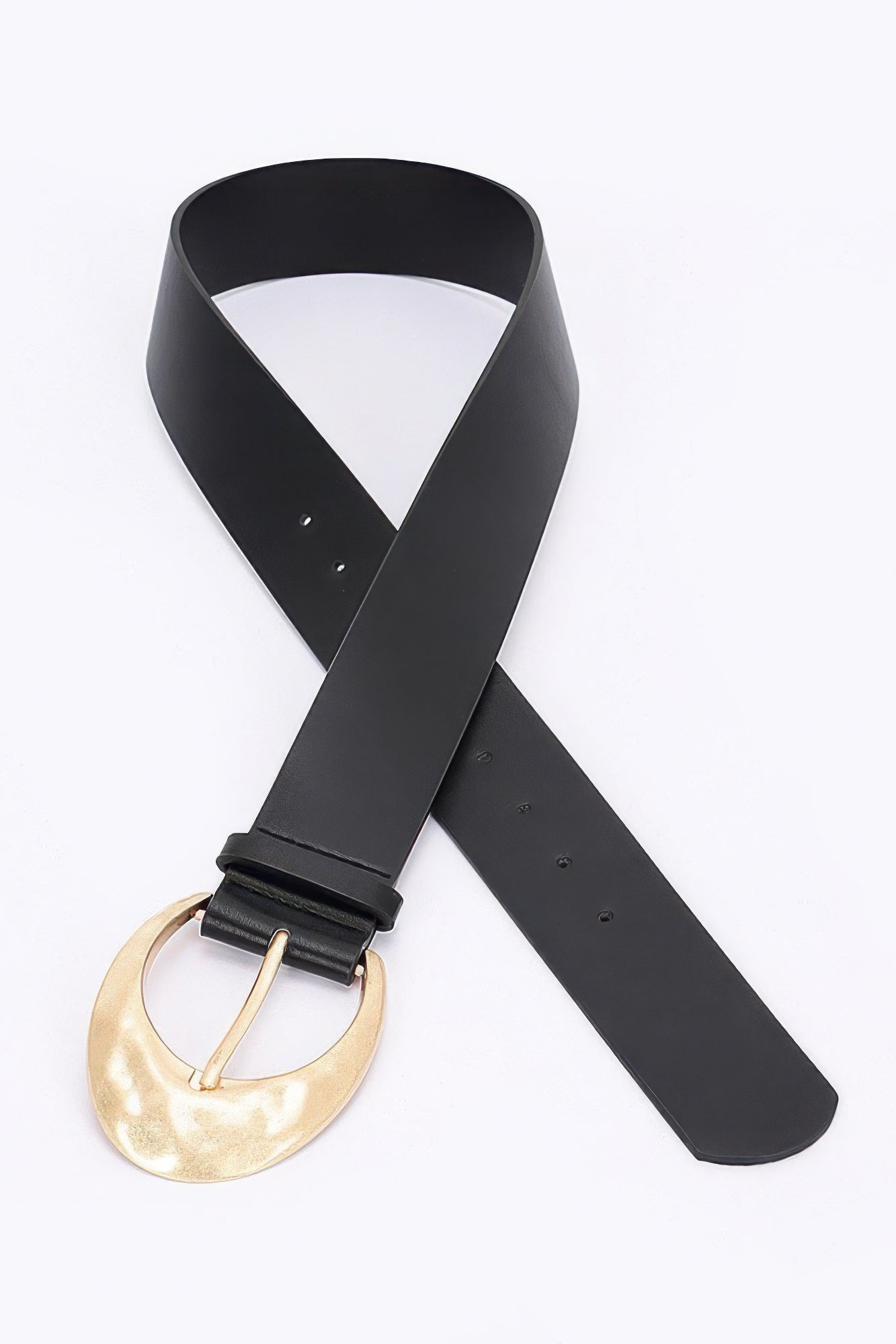 Black PU belt with round metal buckle and D-ring buckle strap detail