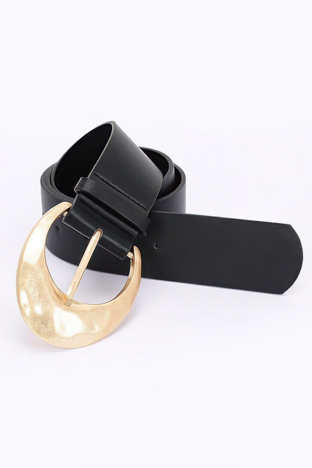 Black PU belt with gold-toned metal buckle and wide strap overlay