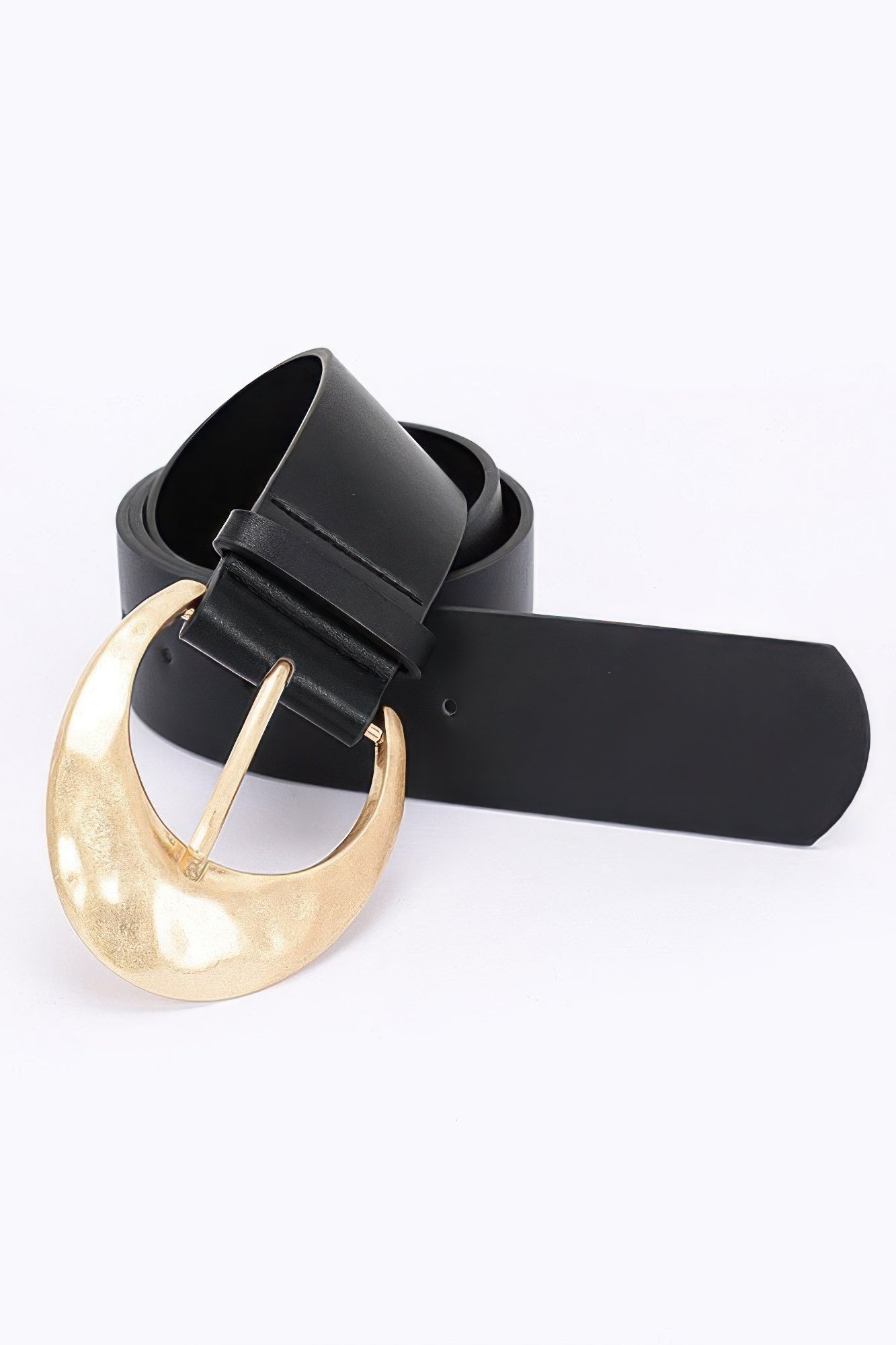 Black PU belt with gold-toned metal buckle and wide strap overlay